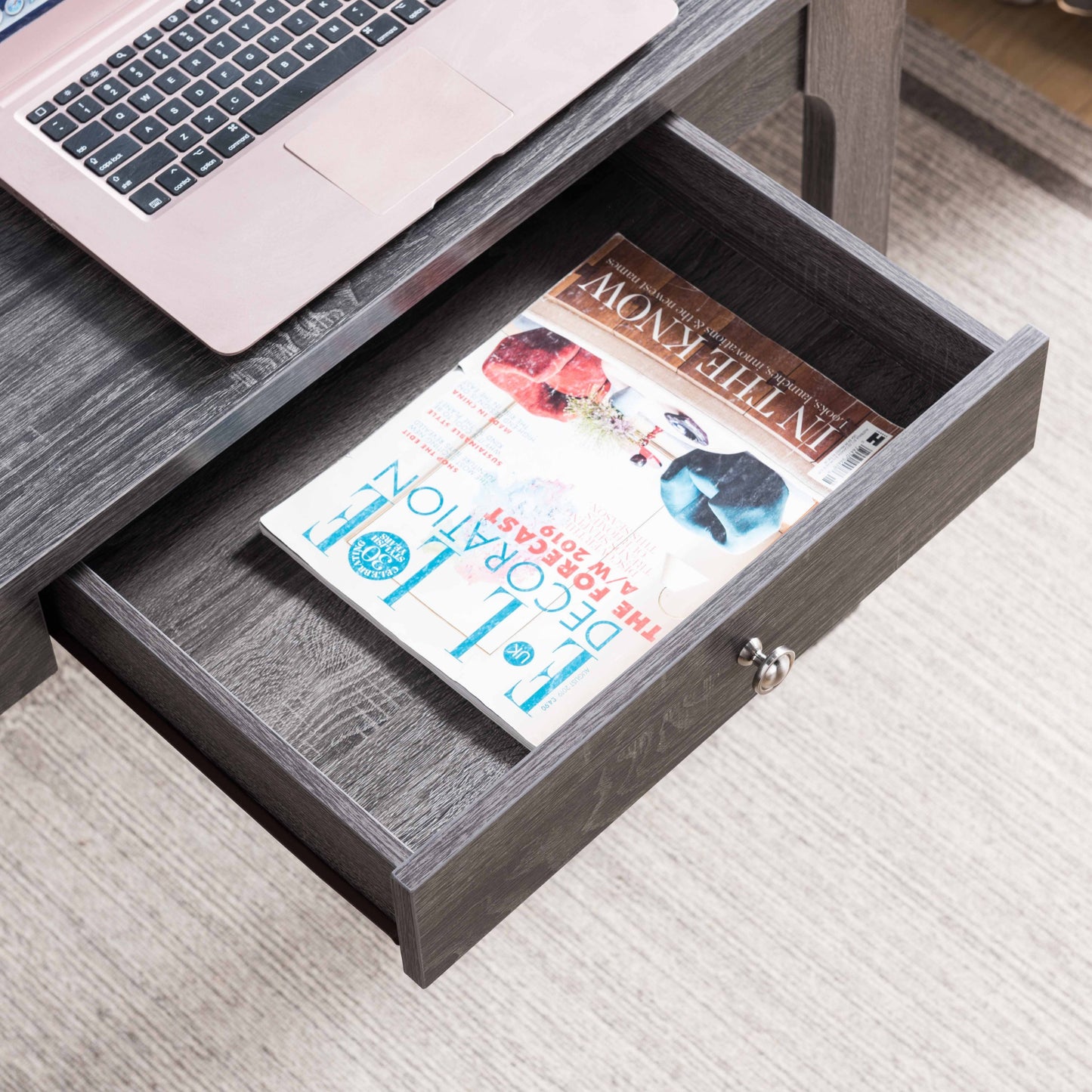 Grey Distressed Writing Desk with Electrical Outlets and USB Ports