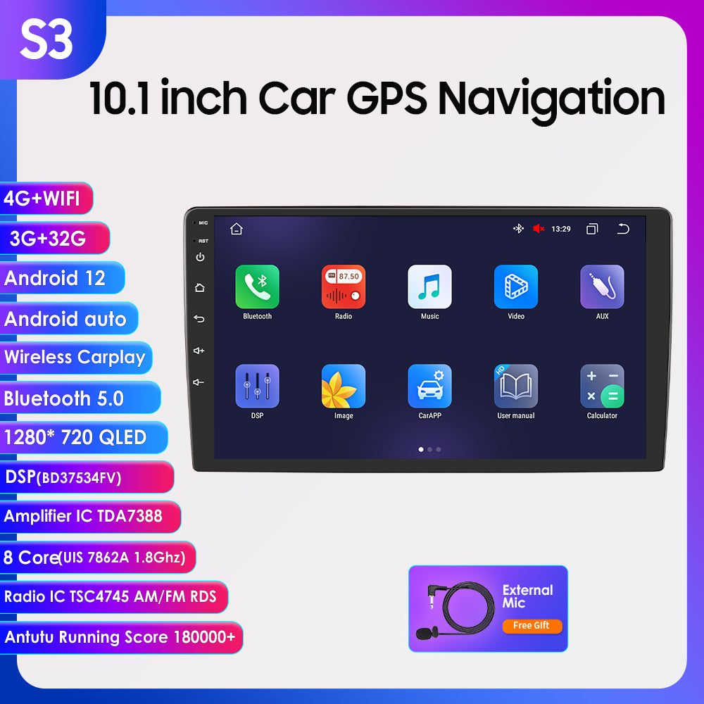 3S Series 10.1 inch Touchscreen Android 12 Car GPS Navigation Stereo With Enhanced Connectivity and Audio Experience