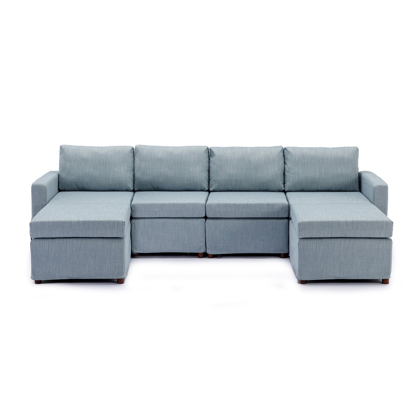 4-Seat Modular Sectional Sofa with Ottoman, Light Blue