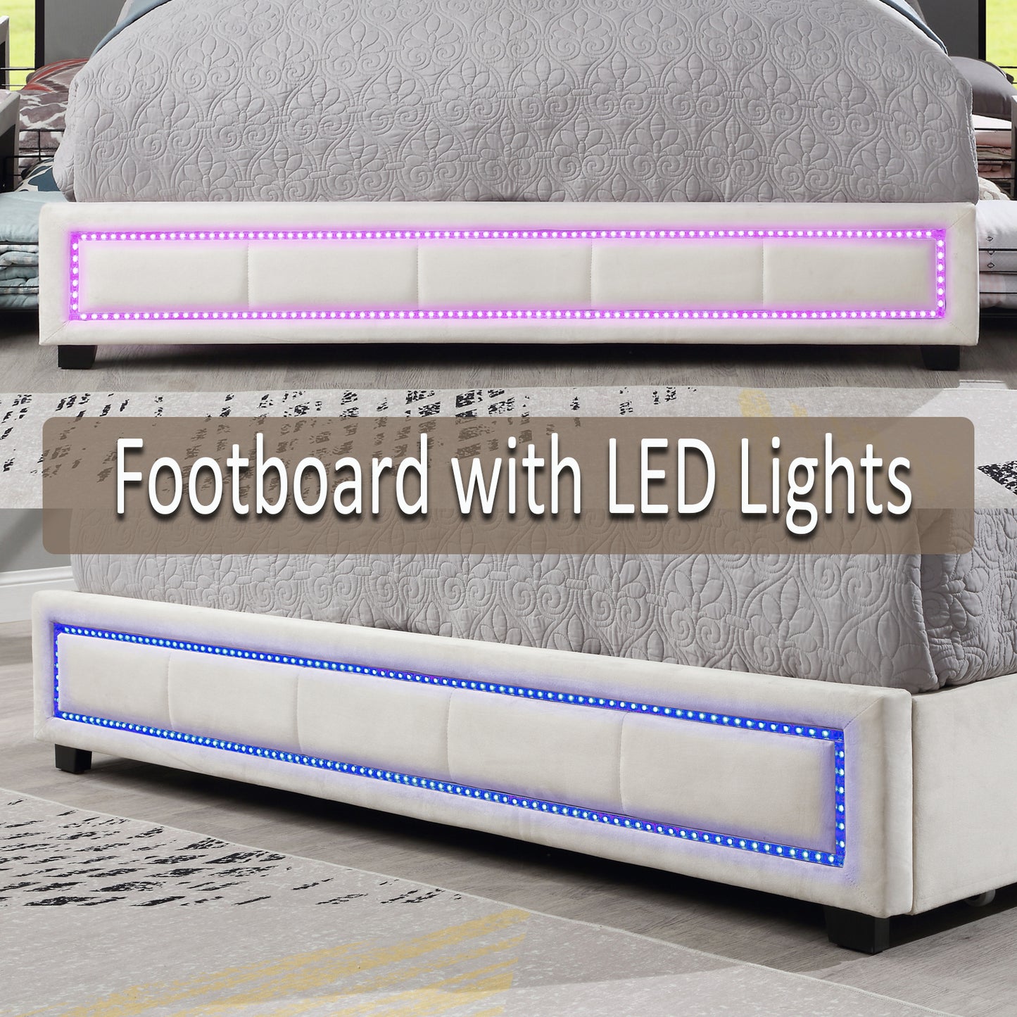 Upholstered Queen Size Platform Bed with LED Lights, Storage Bed with 4 Drawers, Beige color fabric