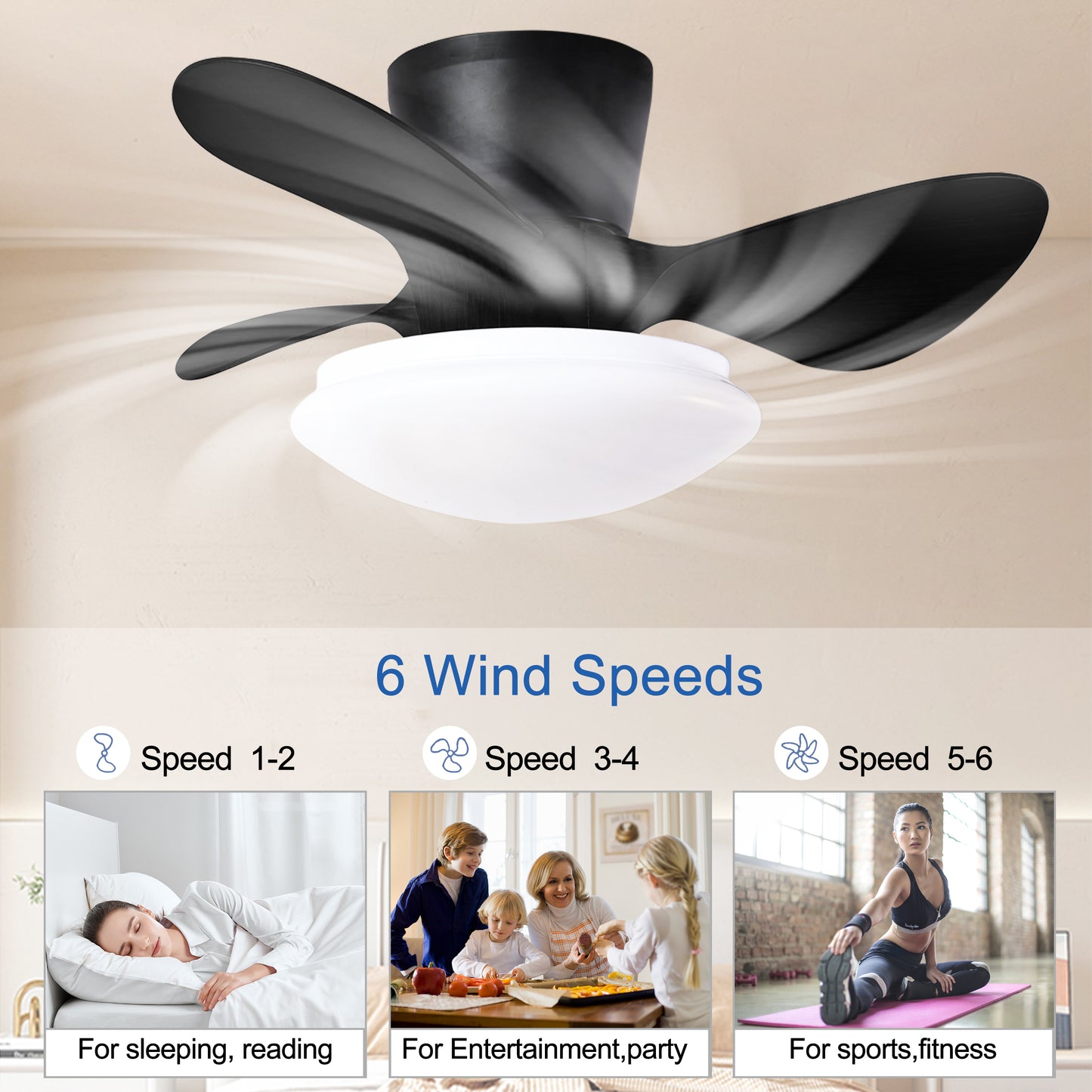 24 Sleek Ceiling Fan with Dimmable LED Light and Remote Control, Energy Efficient Indoor Fan, Modern Black Finish