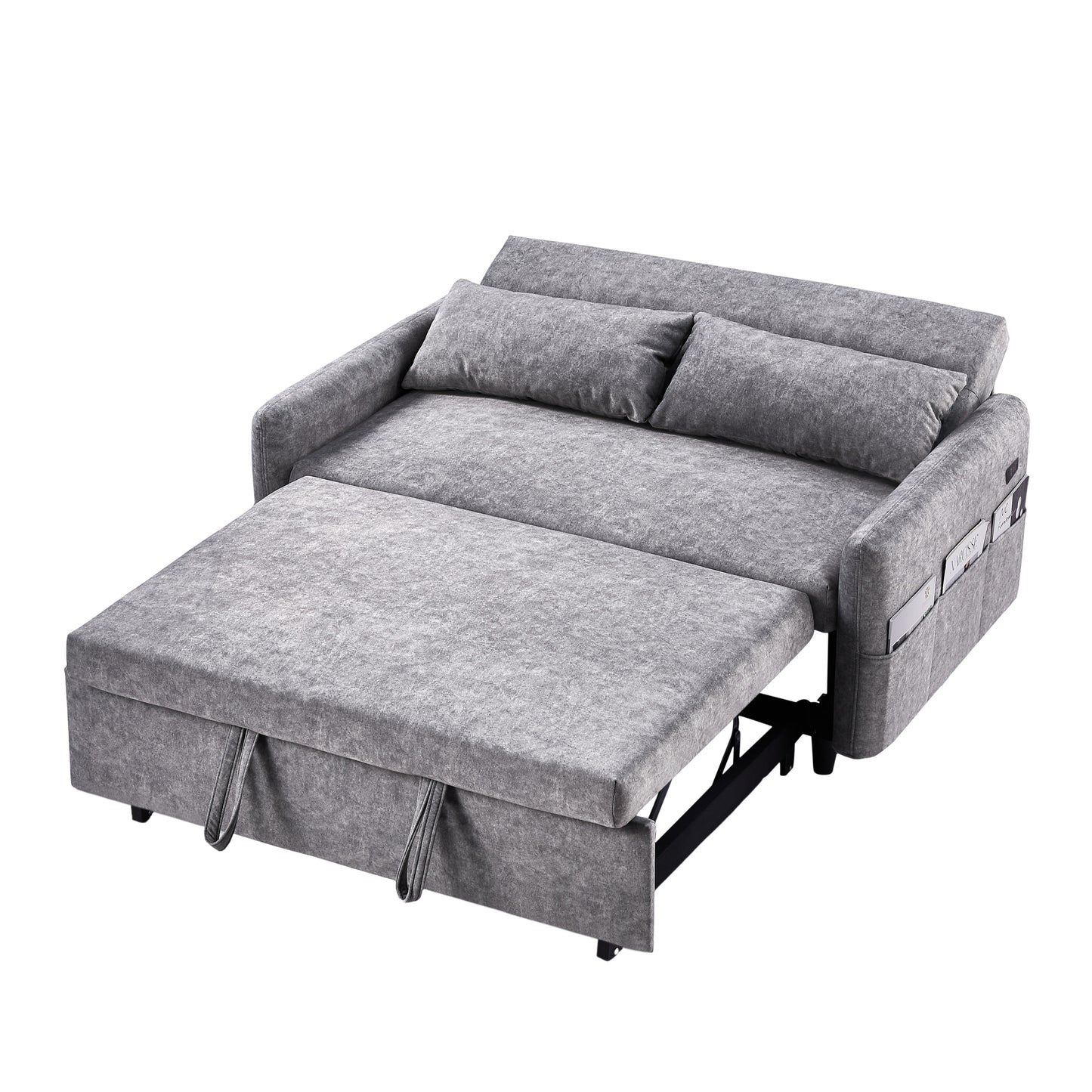 Adjustable Grey Loveseat Sofa Bed with USB Ports and Storage Pockets