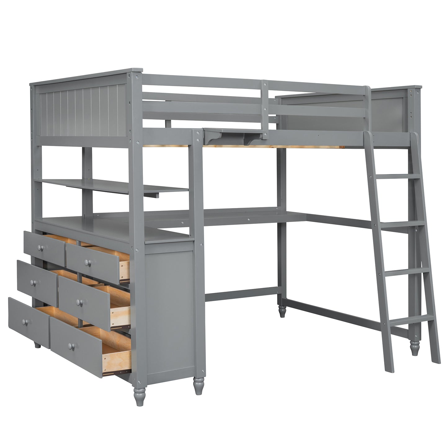 Full size Loft Bed with Drawers and Desk, Wooden Loft Bed with Shelves - Gray