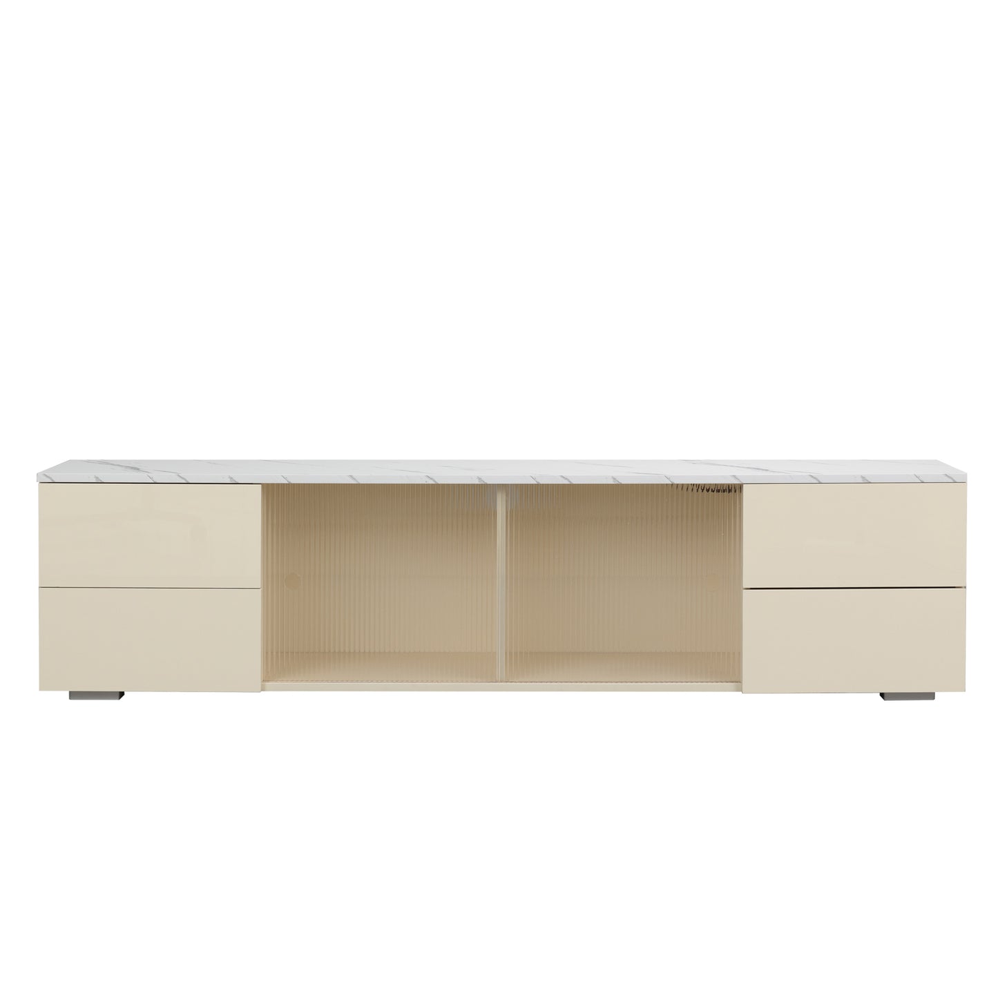 Beige LED TV Stand with UV Drawer Panels, Sliding Doors, and LED Lights