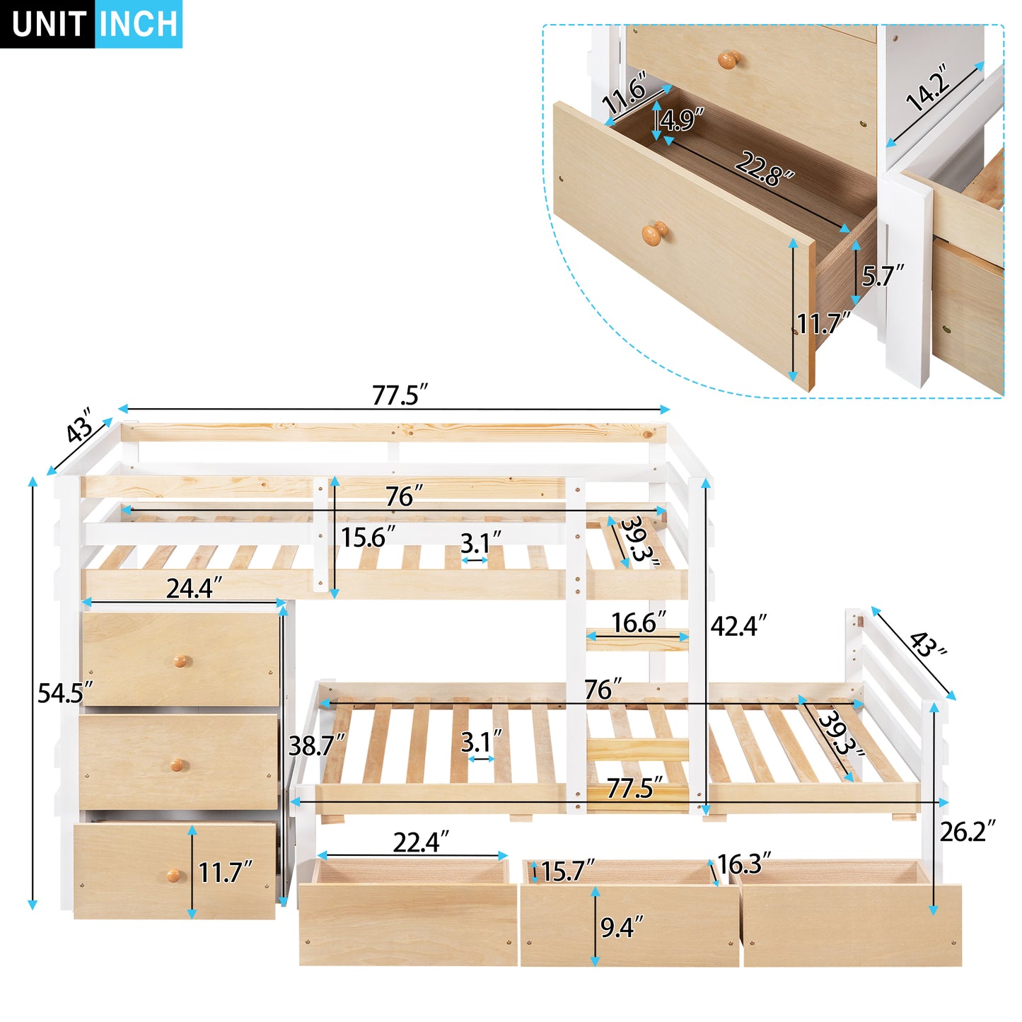 Natural Twin Loft Bunk Bed with Drawers, Ladder, and Dual Sleeping Space