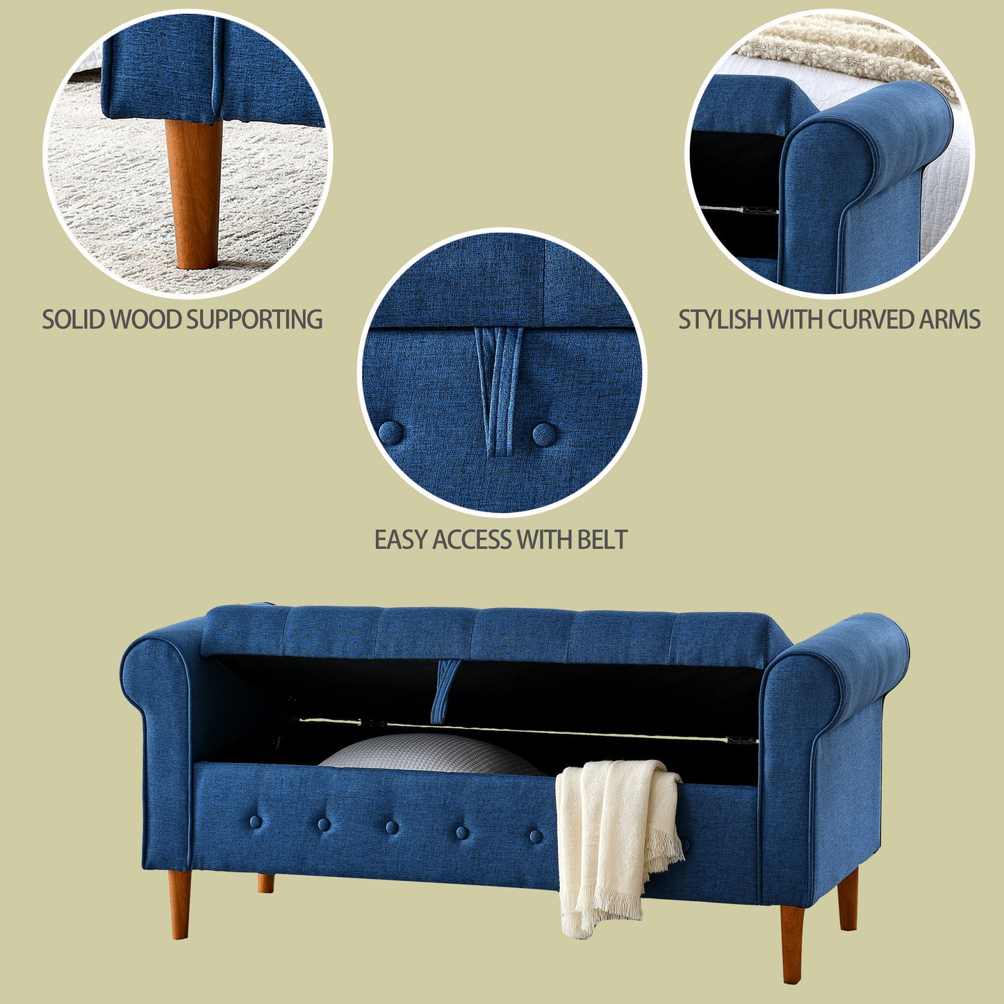 62" Bedroom Tufted Button Storage Bench, Linen Upholstered Ottoman, Window Bench, Rolled Arm Design for Bedroom, Living Room, Foyer (Blue)