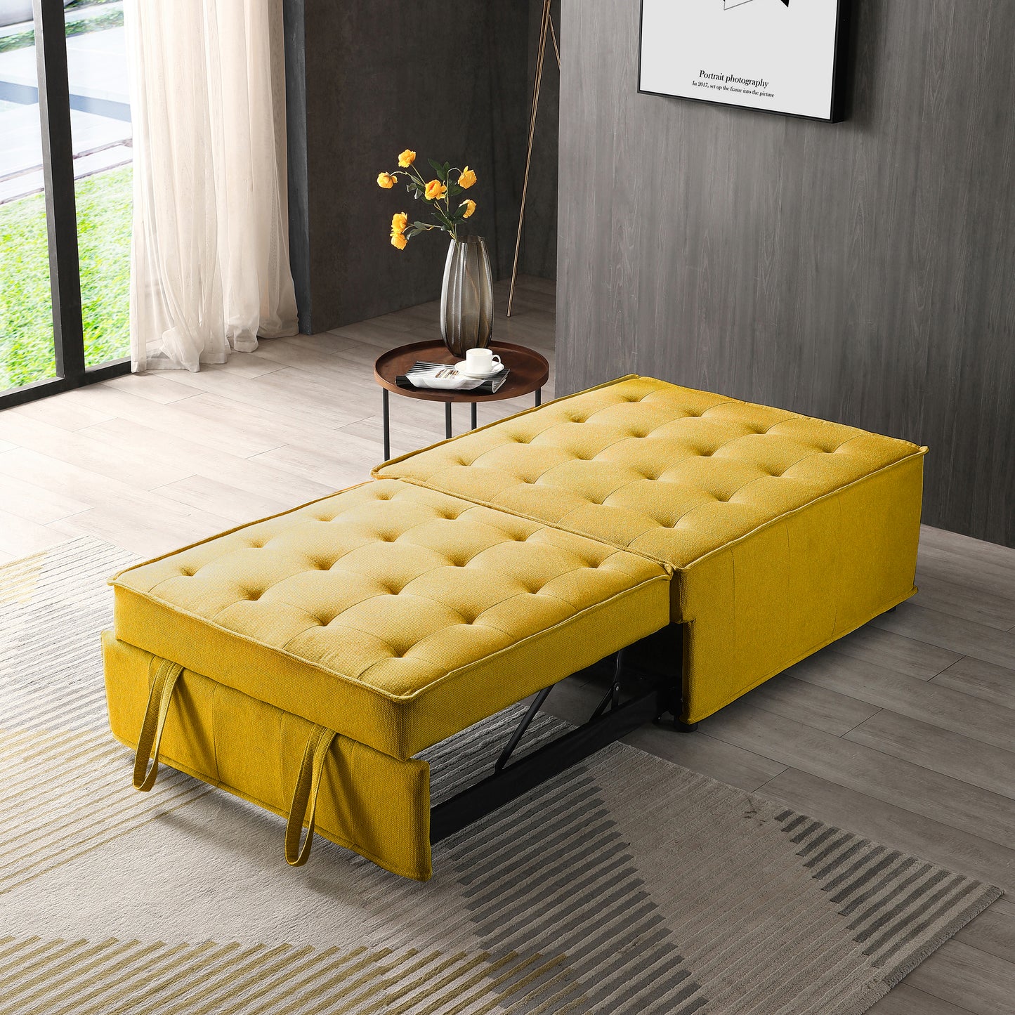 Multipurpose Linen Fabric Ottoman Lazy Sofa Pulling Out Sofa Bed (Yellow)