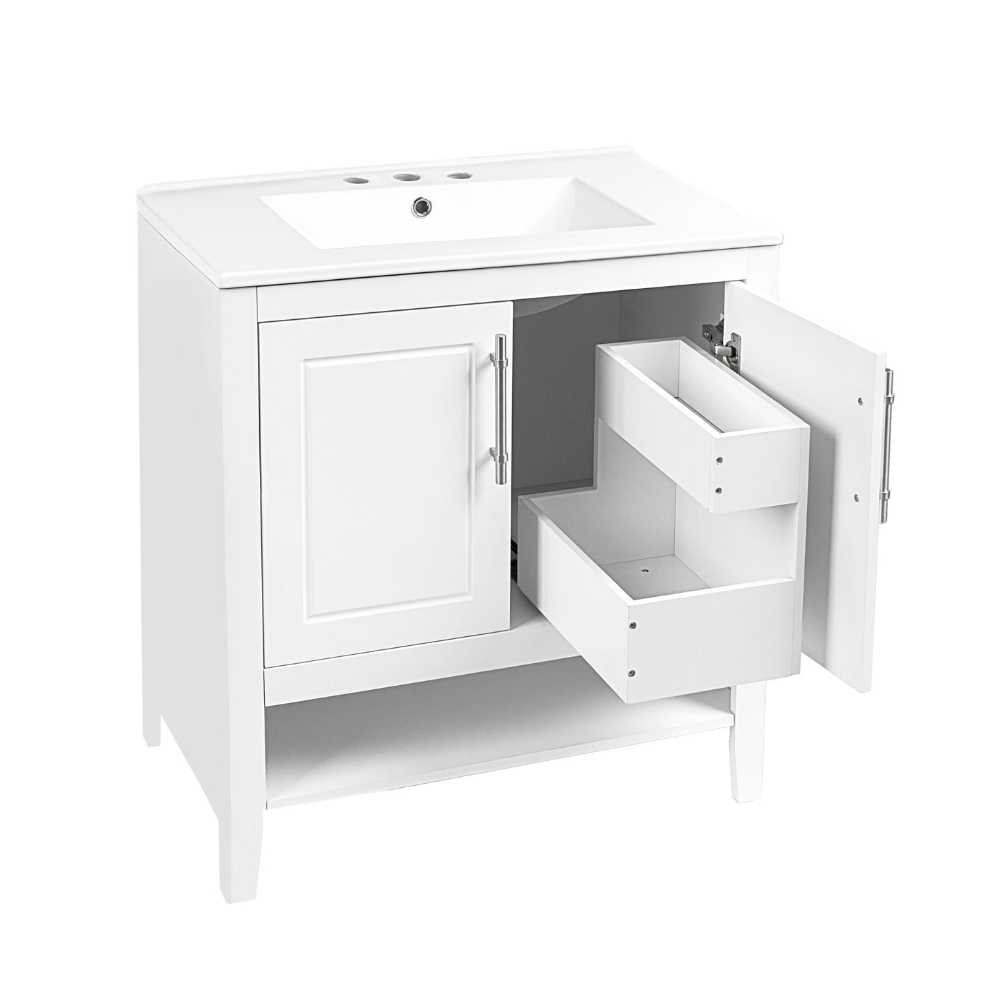 30" Bathroom Vanity with Sink, Multi-functional Bathroom Cabinet with Doors and Drawers, Solid Frame and MDF Board, White