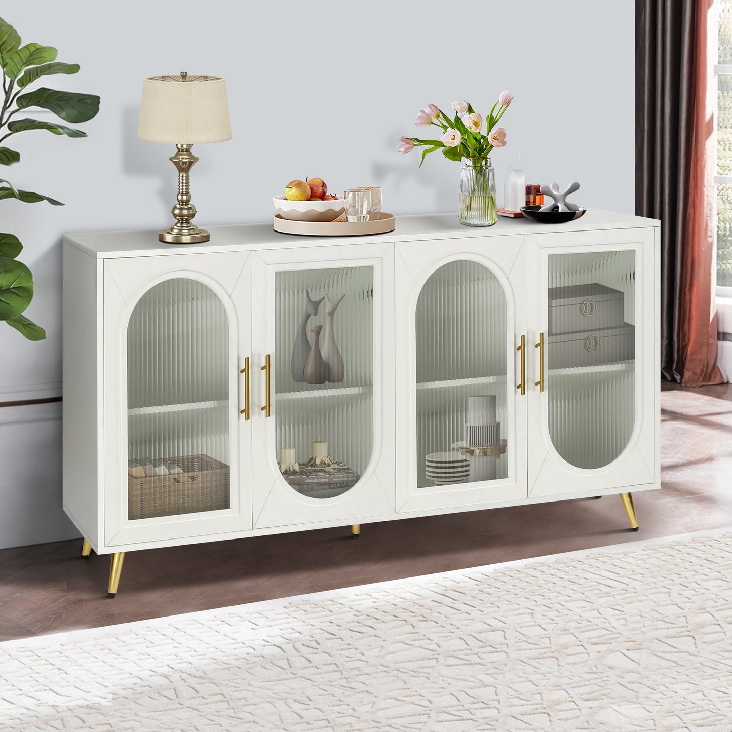 Elegant White TV Stand with Glass Door and Storage for 65+ Inch TVs