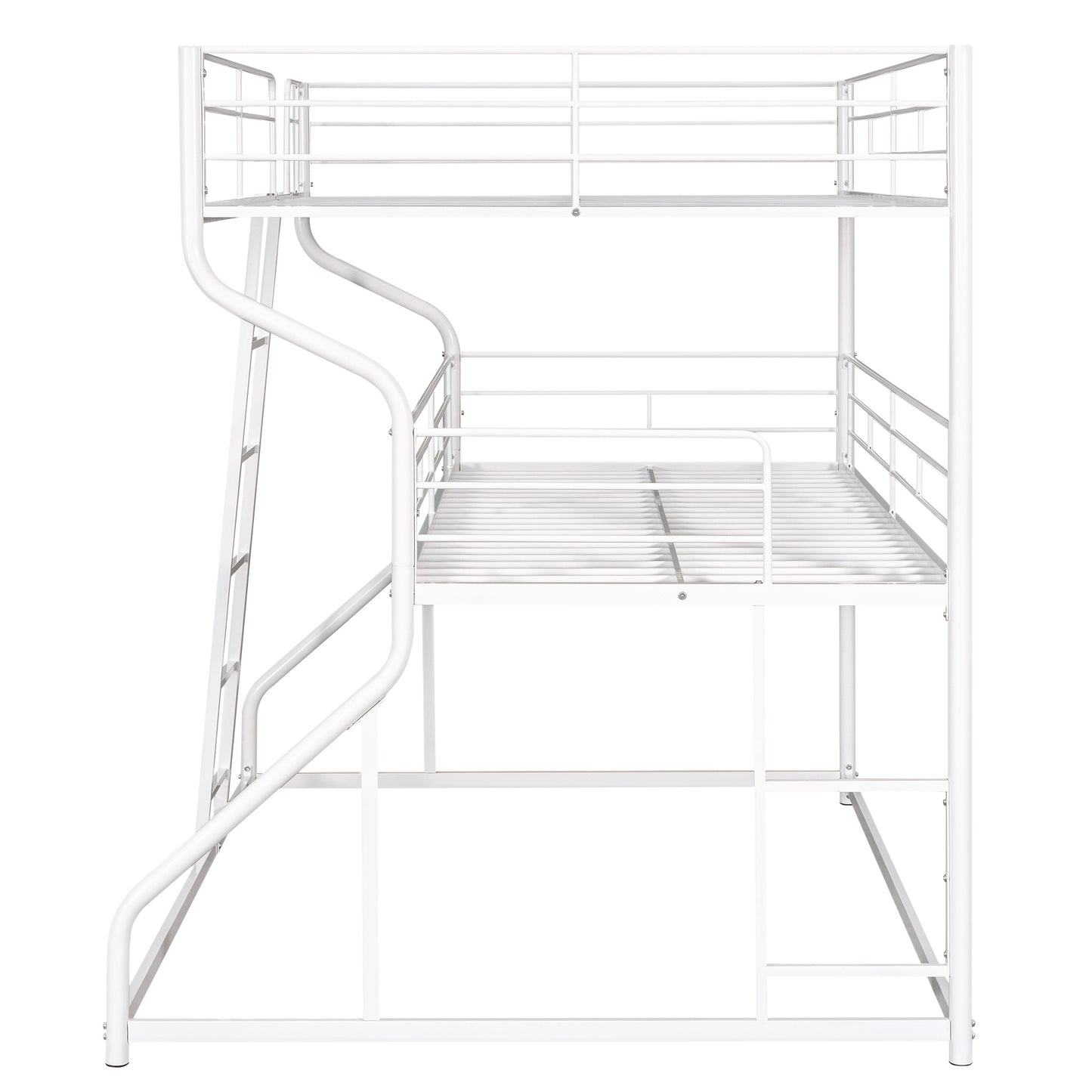 White Triple Bunk Bed Set with Full XL, Twin XL, and Queen Size Layers