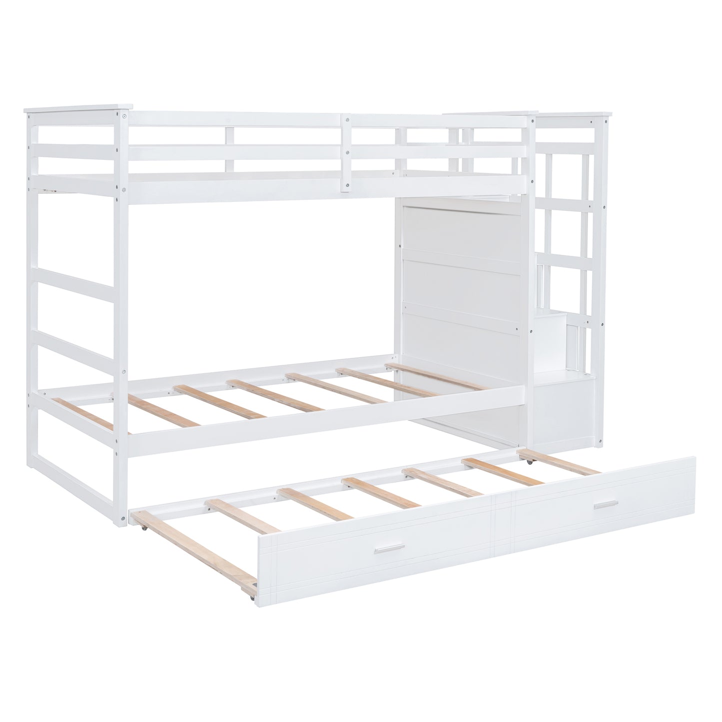 White Twin Over Twin Bunk Bed with Trundle, Staircase, and Storage Drawers