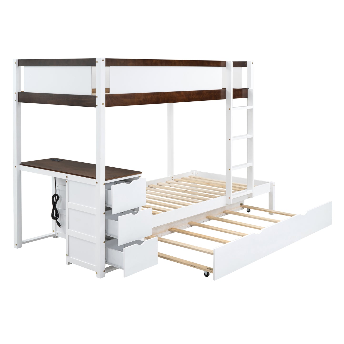 Twin Bunk Bed with Trundle, Storage, Desk, White-Walnut Finish & Maximized Space Storage Solution