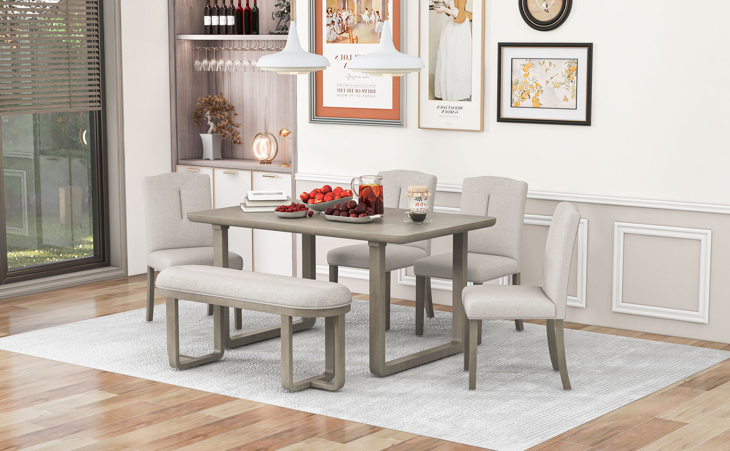 TREXM 6-Piece Retro-Style Dining Set Includes Dining Table, 4 Upholstered Chairs & Bench with Foam-covered Seat Backs&Cushions for Dining Room (Light Khaki+Beige)