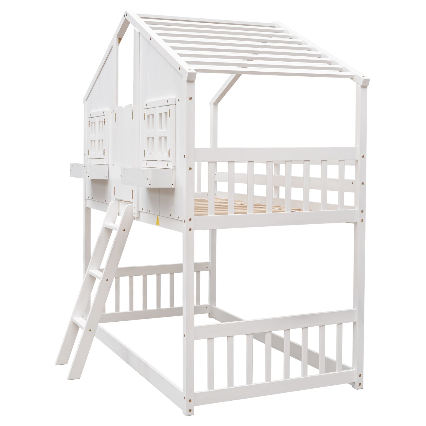 Cabin Inspired Kids' White Bunk Bed with Roof, Window, and Door