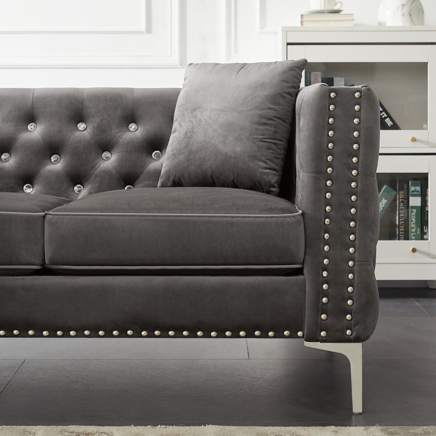 Modern Velvet Sofa with Jeweled Buttons and Tufted Square Arms, Grey, 2 Pillows Included