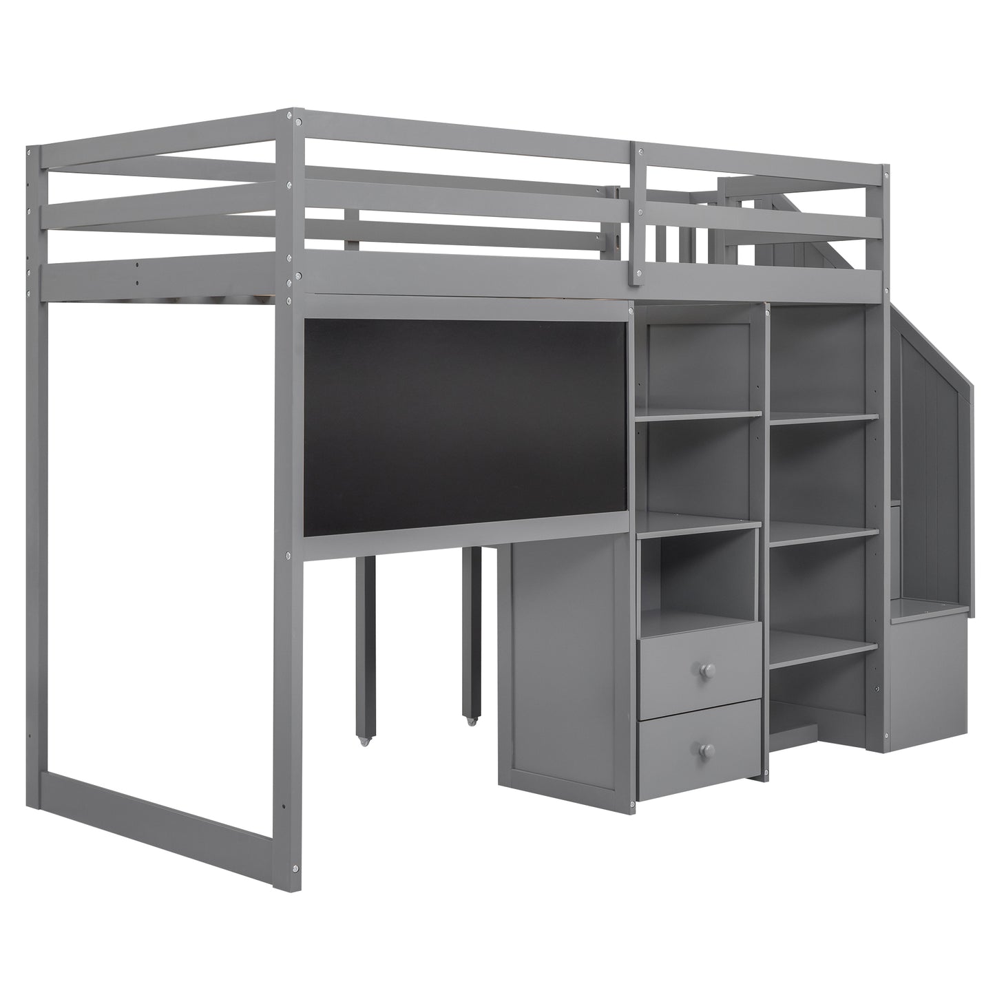 Twin Size Loft Bed with Pullable Desk and Storage Shelves,Staircase and Blackboard,Gray