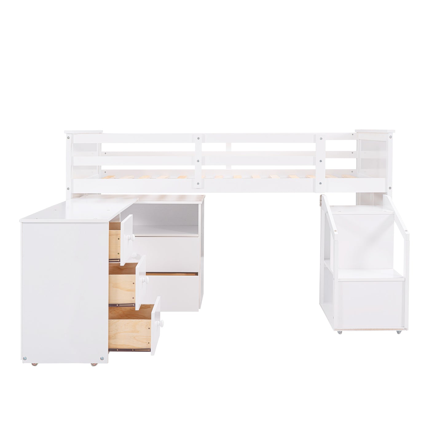 Loft Bed Low Study Twin Size Loft Bed With Storage Steps and Portable,Desk,White(: LT000101AAK)