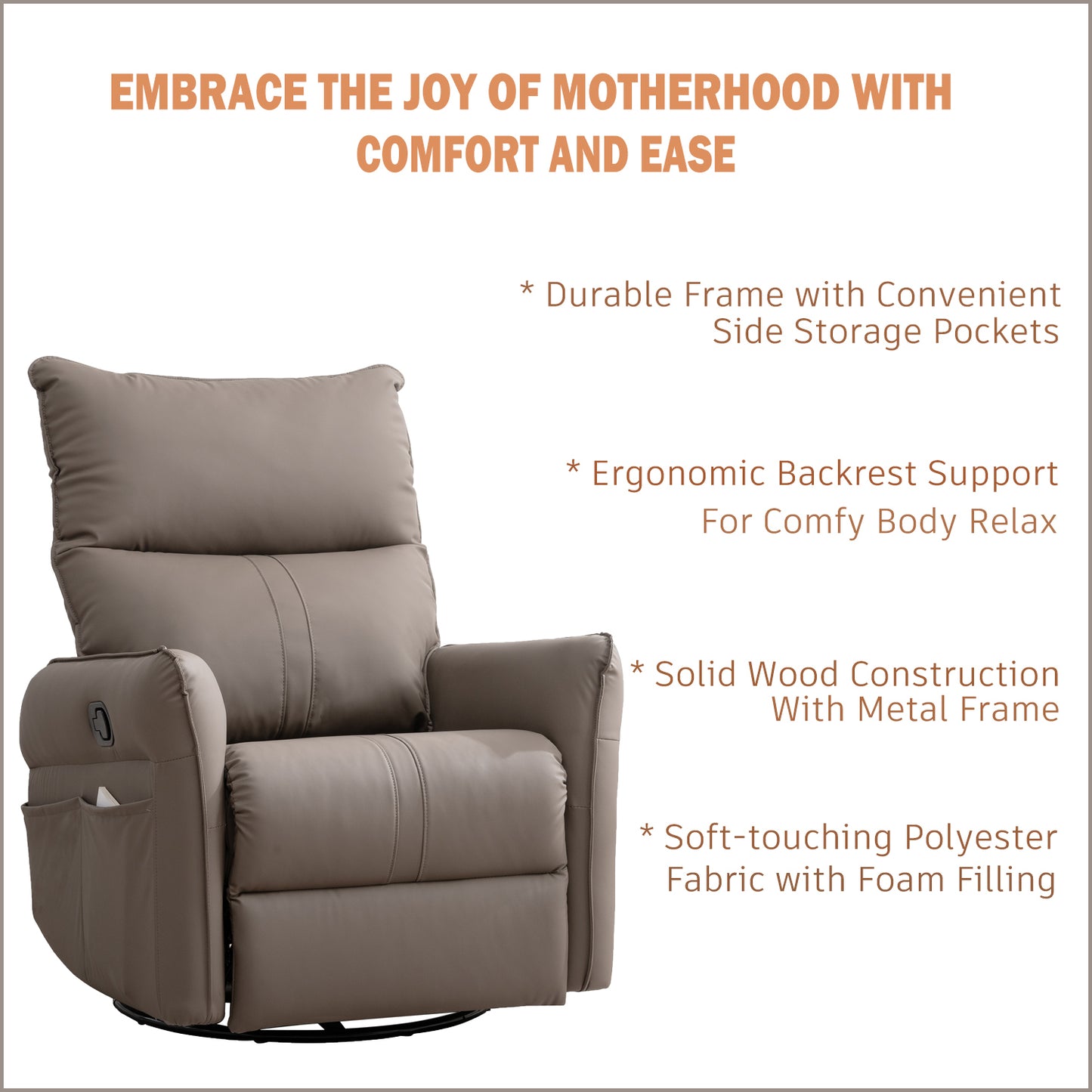 Brown PU Swivel Recliner Chair with Rocking Function