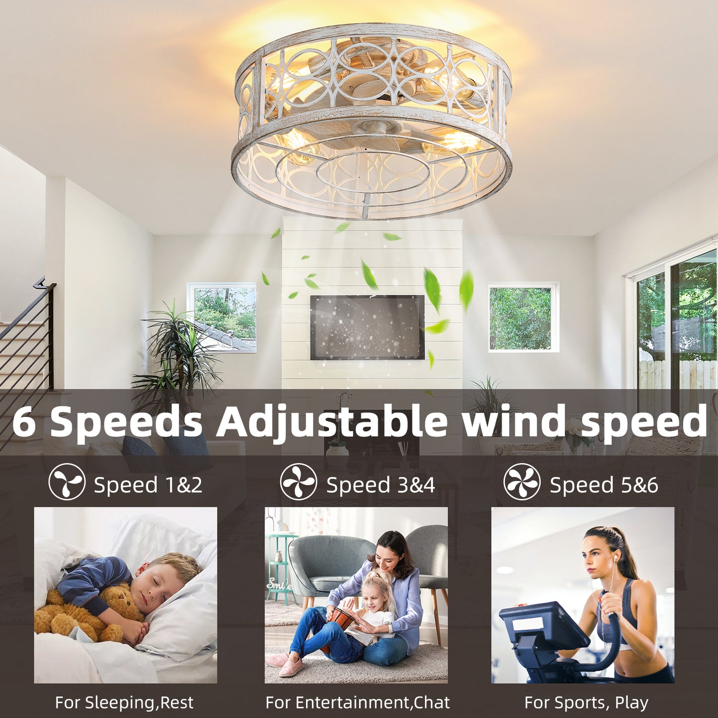 Adjustable Retro White Industrial Ceiling Fan with Caged Design