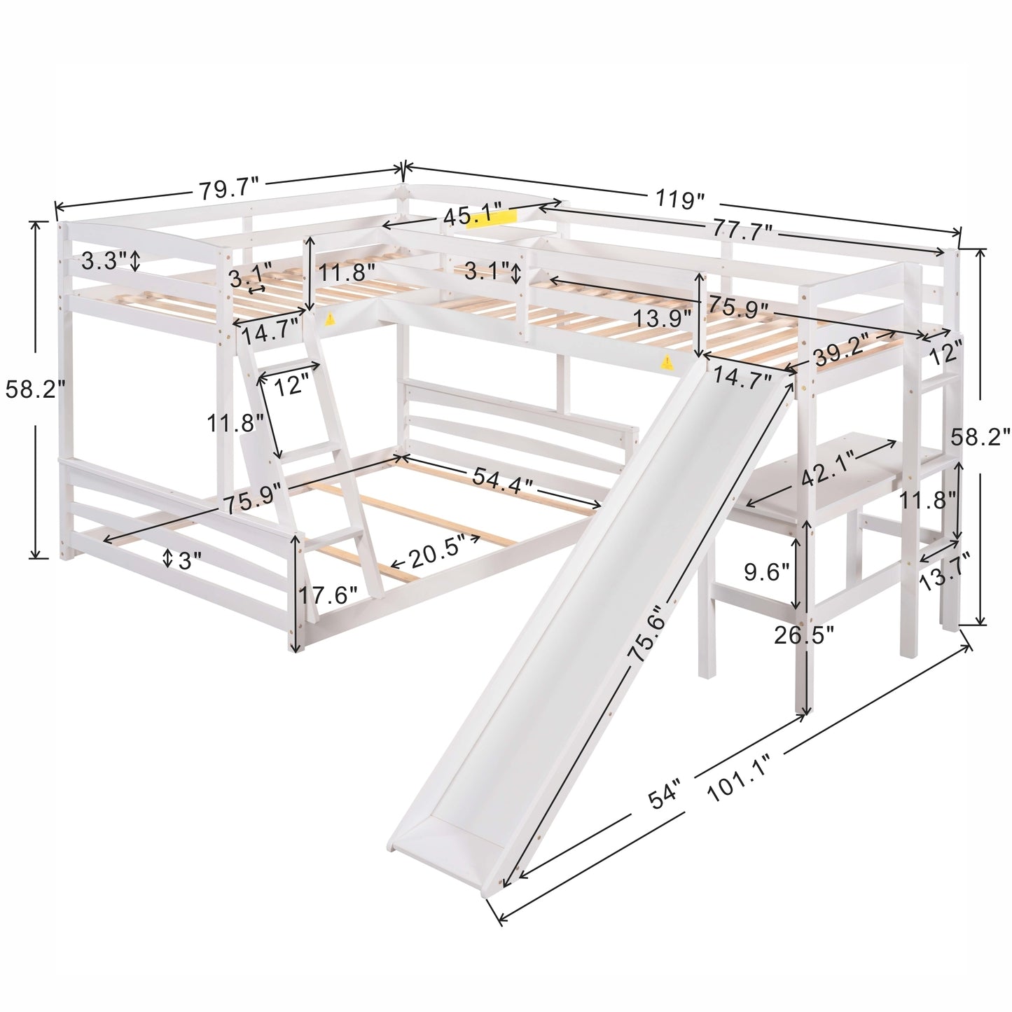 Combined L-Shaped Loft Bunk Bed Set with Desk, Slide & Guardrail in White