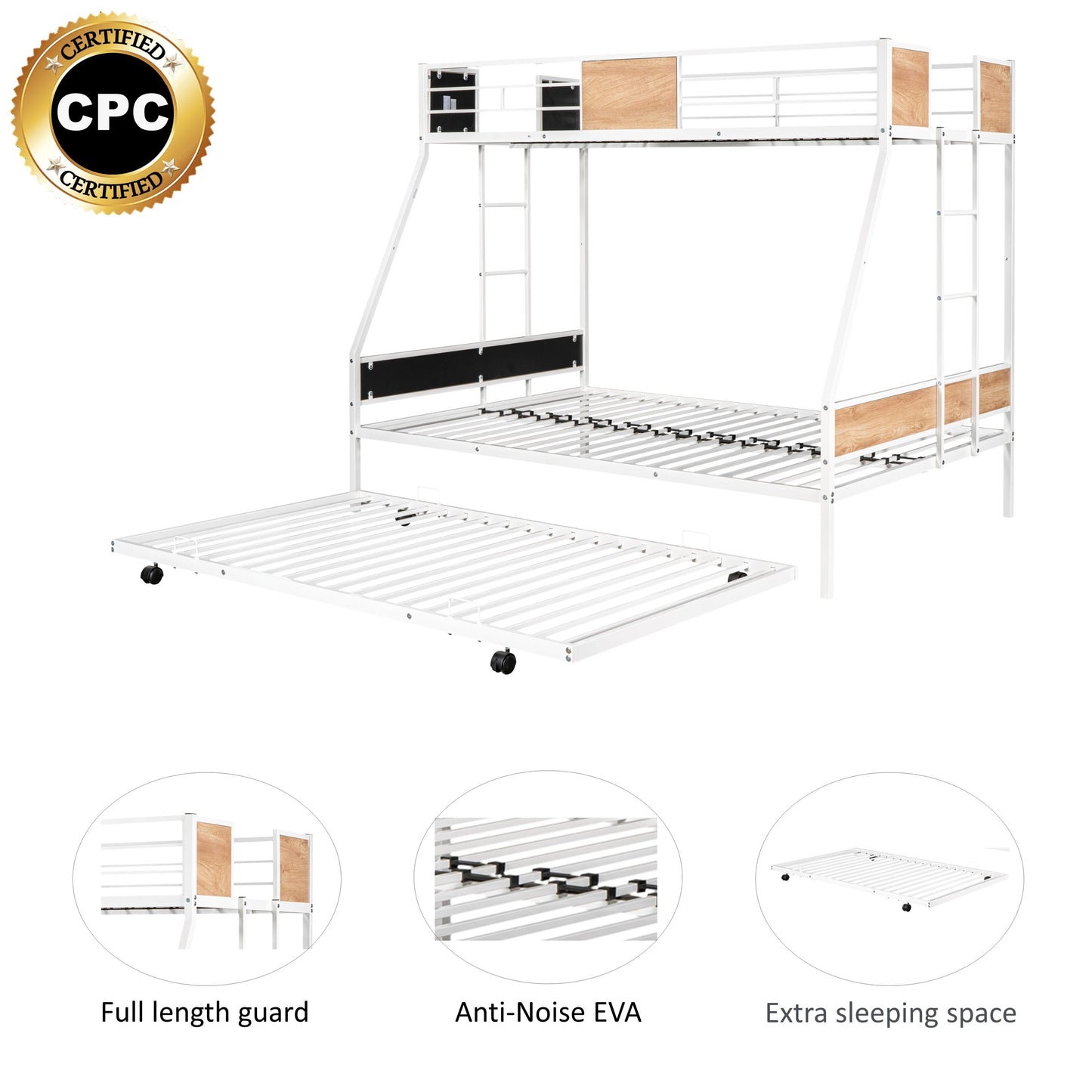 Metal Twin over Full Bunk Bed with Trundle and Safety Features