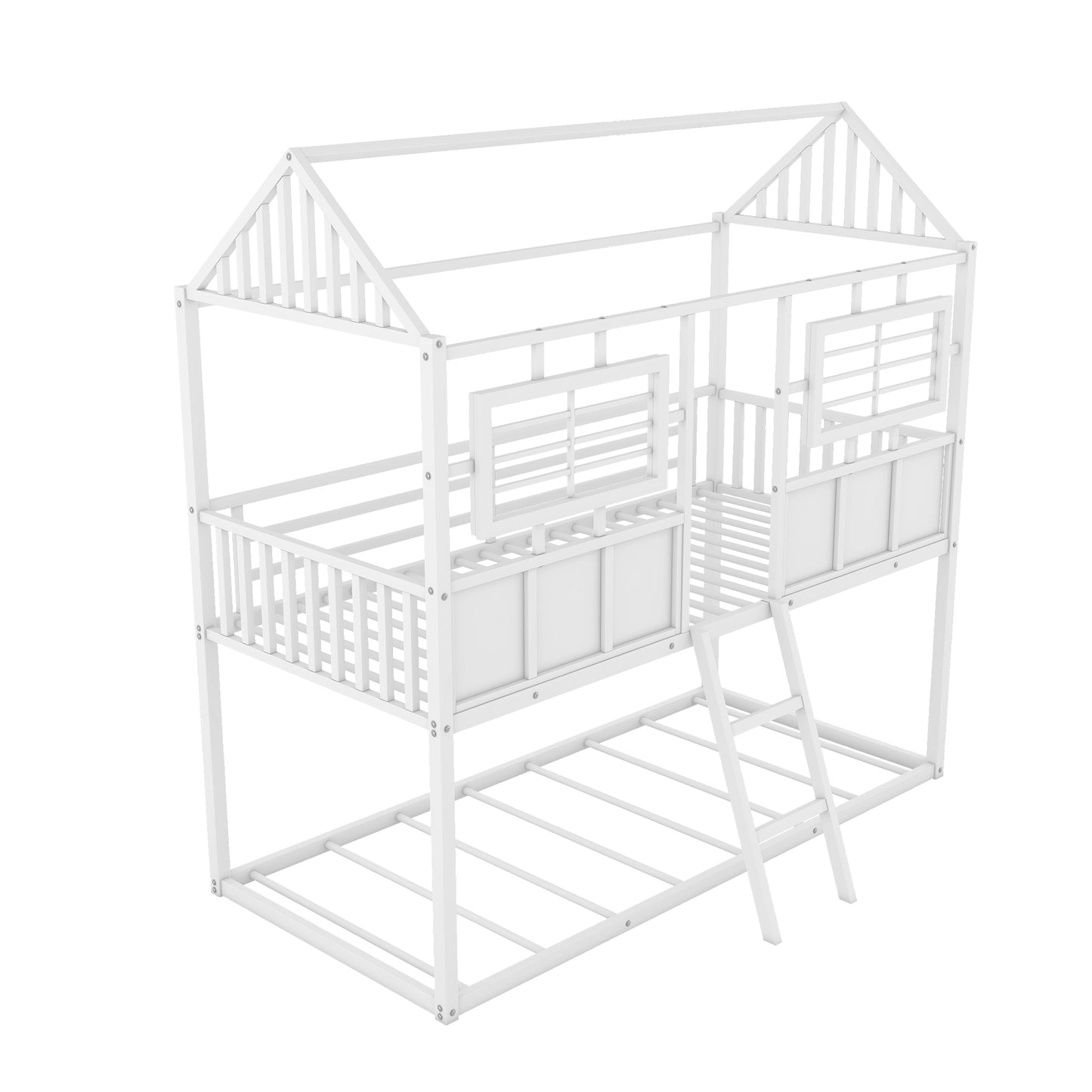 Rustic White Metal Twin Bunk Beds with Roof and Fence Guardrail