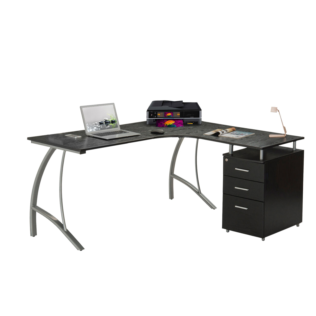 Sophisticated Espresso L-Shaped Computer Desk with Enhanced Storage System