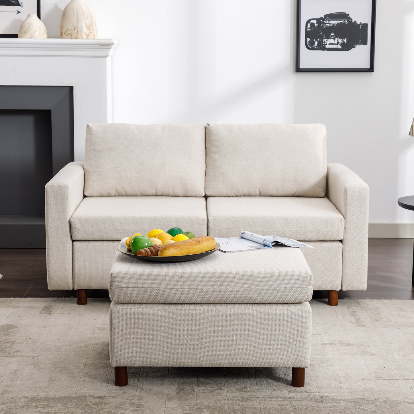 2-Seater Modular Sectional Sofa Couch with Ottoman, Cream Linen Upholstery