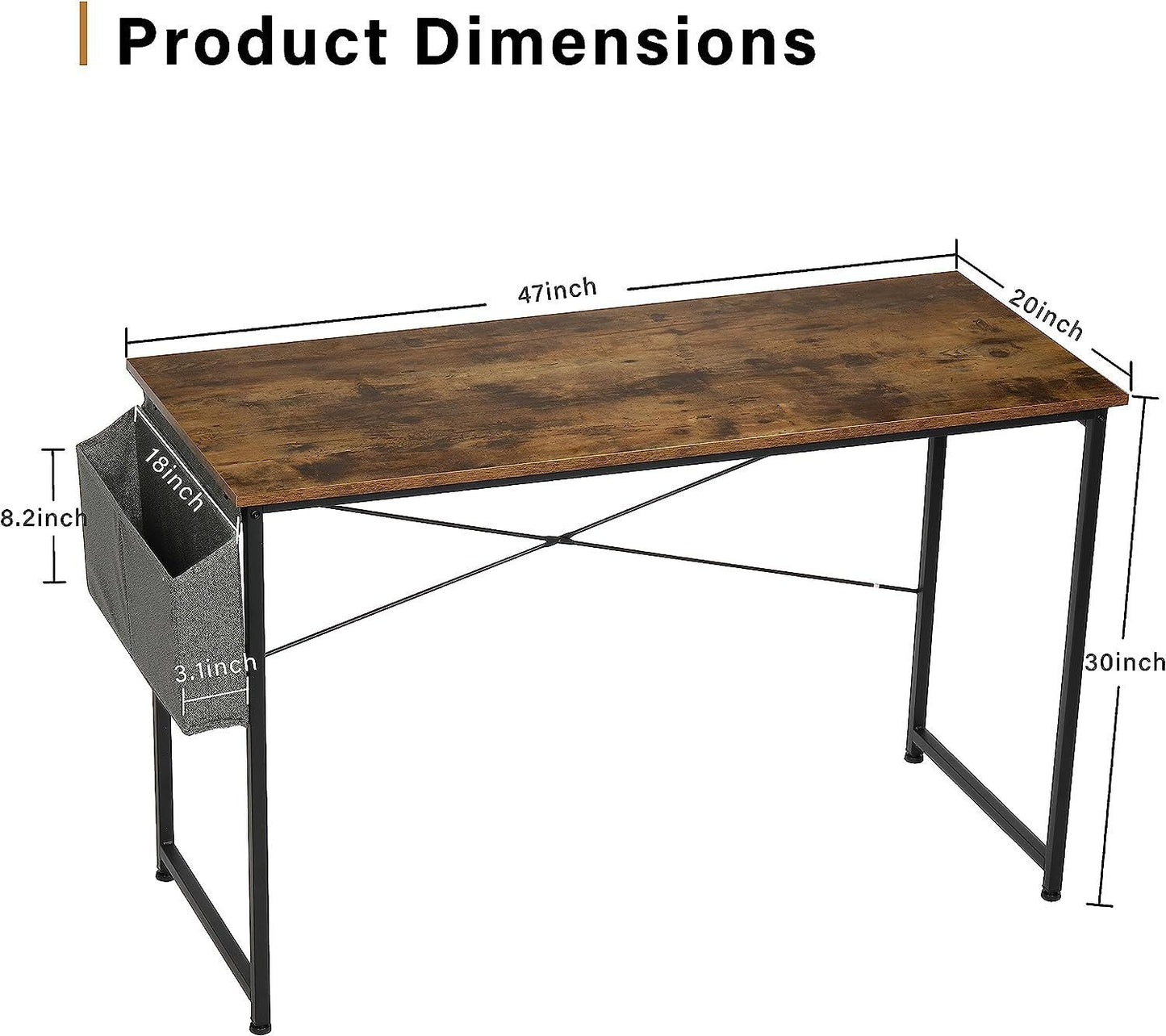 Brown 47-Inch Writing Desk with Storage Bag and Sturdy Metal Frame