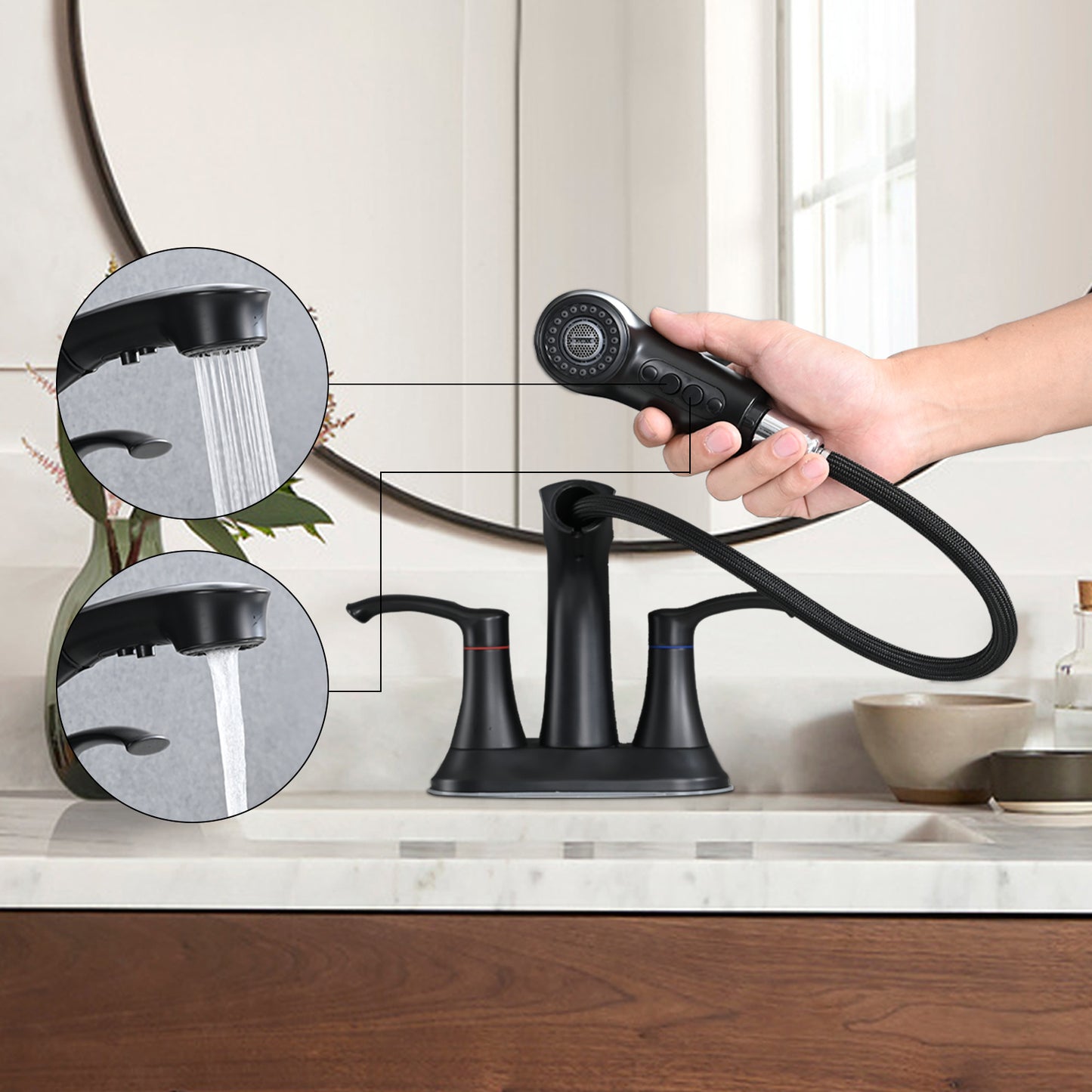 Matte Black 4-Inch Centerset Bathroom Sink Faucet with Pull-Out Sprayer