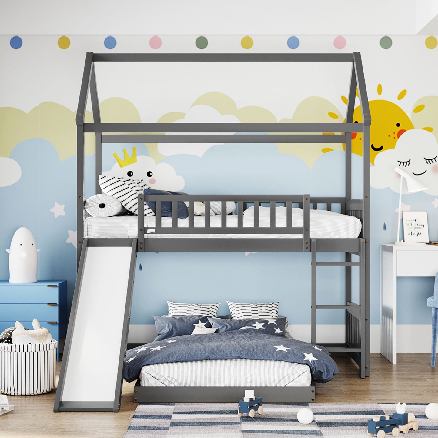 Gray Twin Bunk Bed with Slide and Playhouse Design for Maximized Space Saving