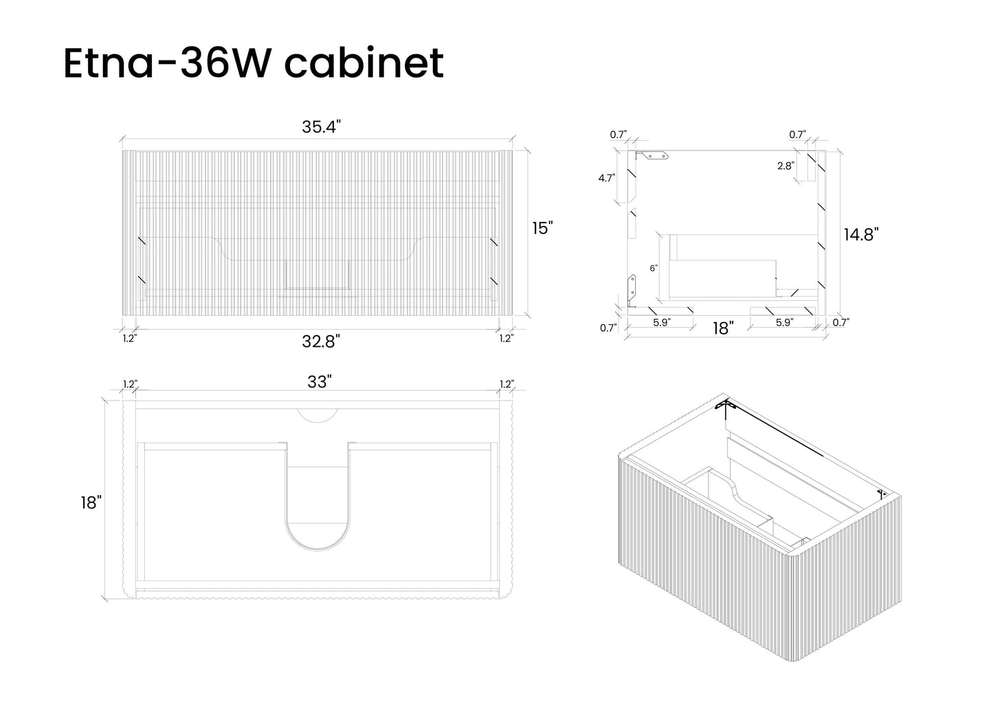 U048-Etna36W-305 Etna 36" Striped Walnut Bathroom Vanity with White Ceramic Sink, Wall Mounted Floating Bathroom Vanity for Modern Bathroom, One-Piece White Basin without Drain and Faucet