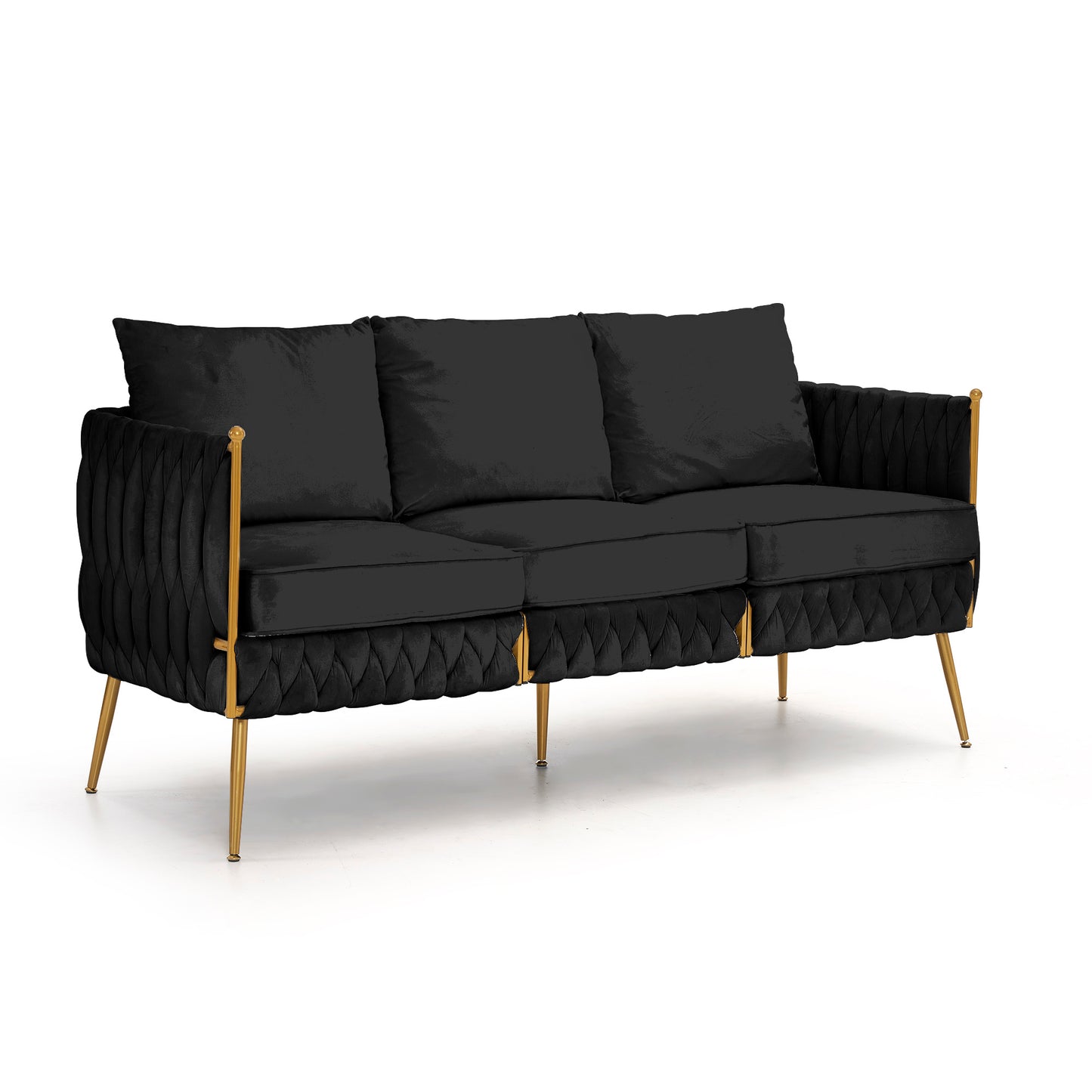 Velvet Couch Sofa for Three People , Upholstered Sofa with Stylish Woven Back, Small Comfy Couch with 3 Pillows, Modern 3-Seat Sofa with Gold Frame for Living Room , Black Velvet