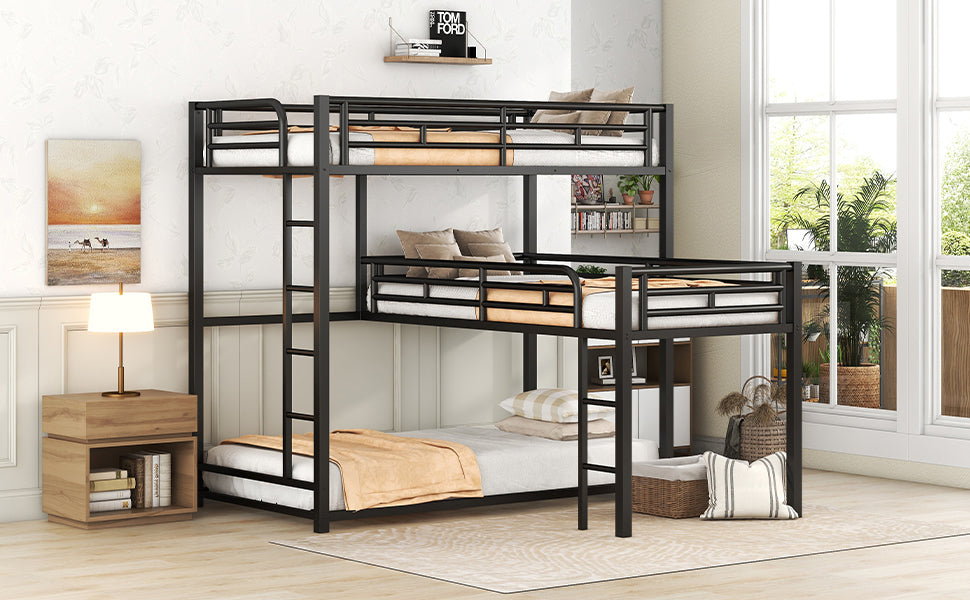 Black Metal Triple Bunk Bed with Desk and L-shaped Design