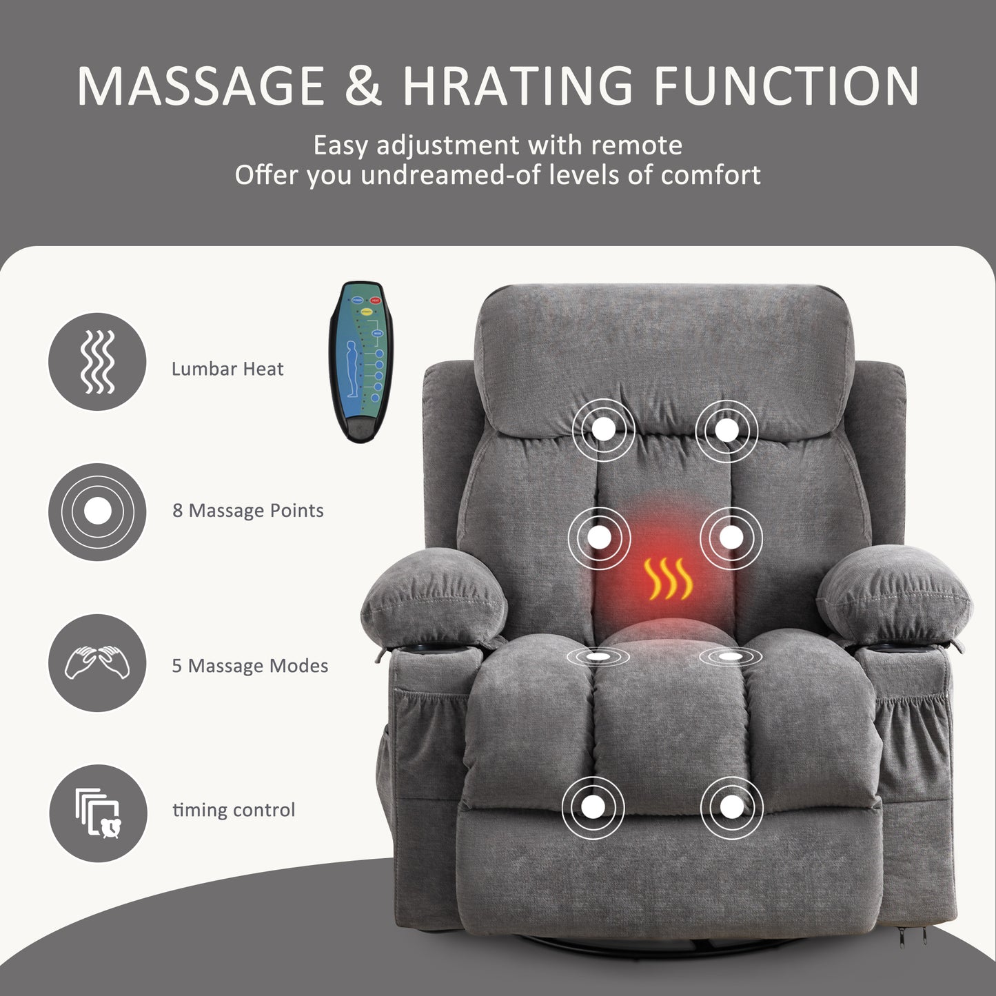 Swivel Gray Velvet Massage Recliner Sofa with Heating, USB, and Cup Holders