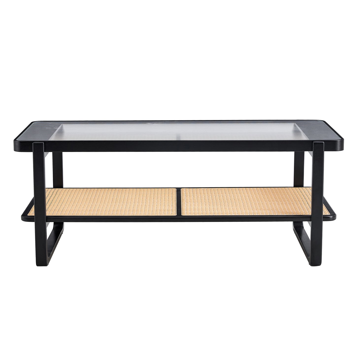 Elegant Rectangular Black Solid Wood Imitation Rattan Coffee Table with Chinese Style Side Table