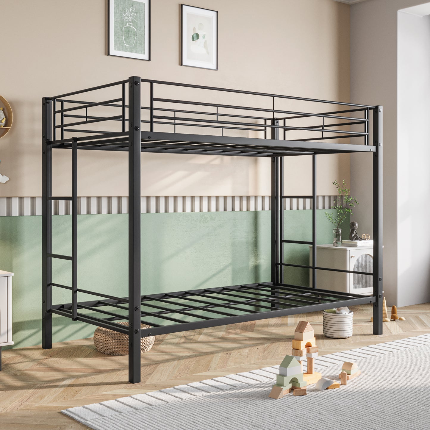 Heavy Duty Metal Twin Bunk Bed with Shelf and Safety Features - Black