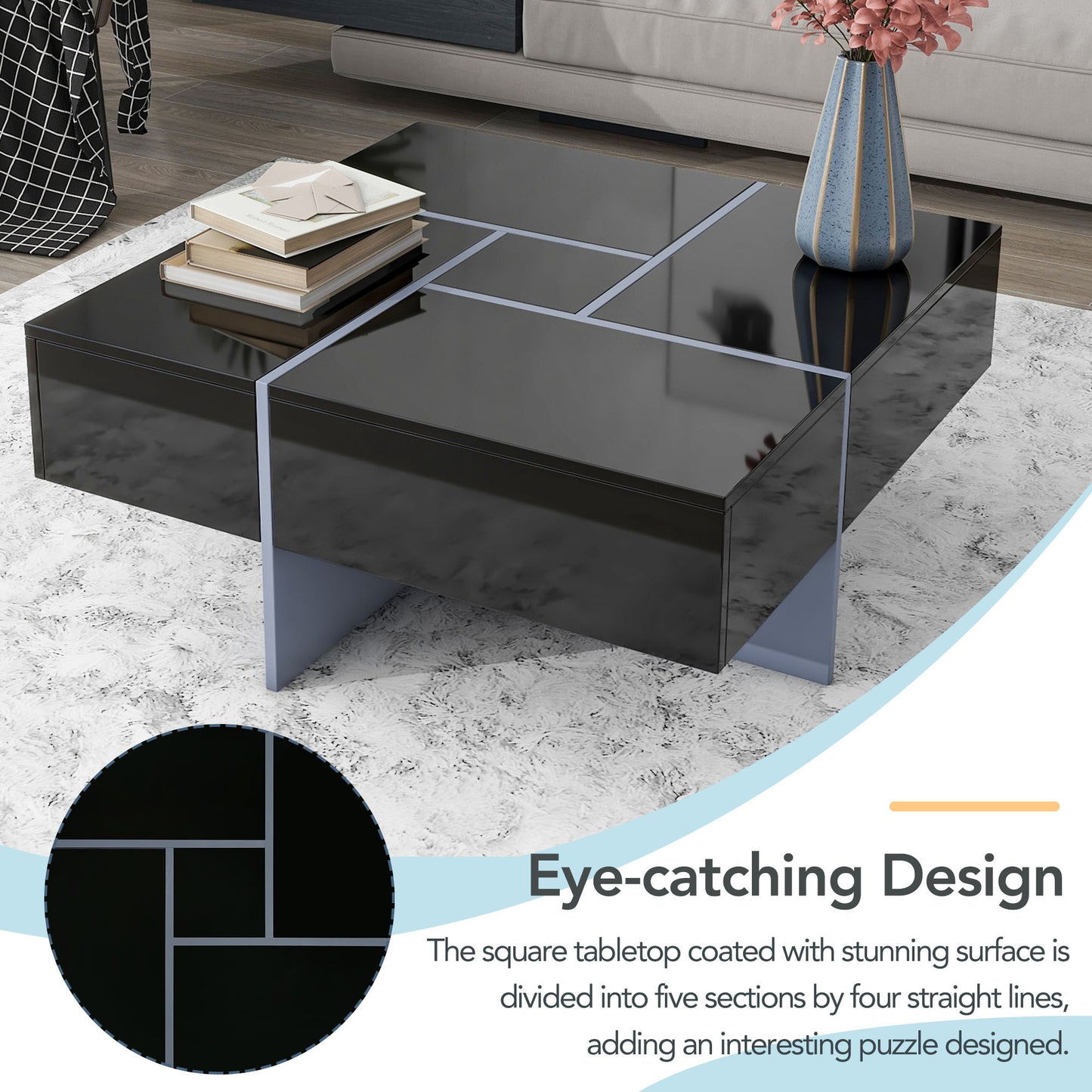 Puzzle Design Coffee Table with Extendable Sliding Tabletop and Hidden Storage Compartments