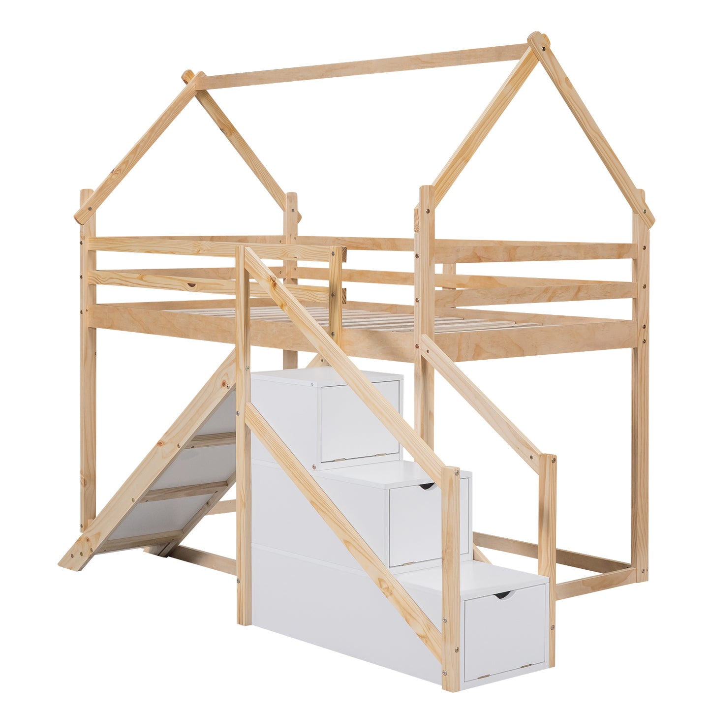 Twin House Loft Bunk Bed with Slide, Staircase, and Storage for Kids, Natural