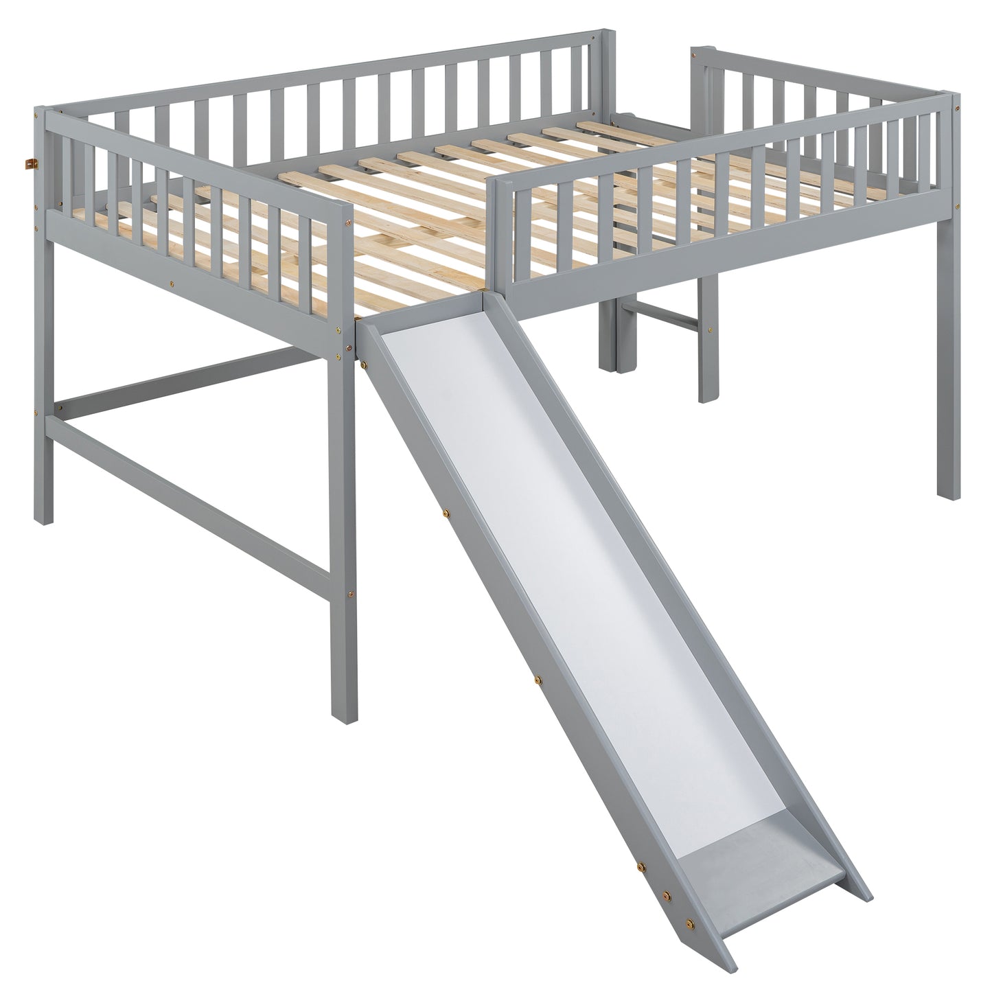 Full Size Low Loft Bed with Ladder and Slide,Gray