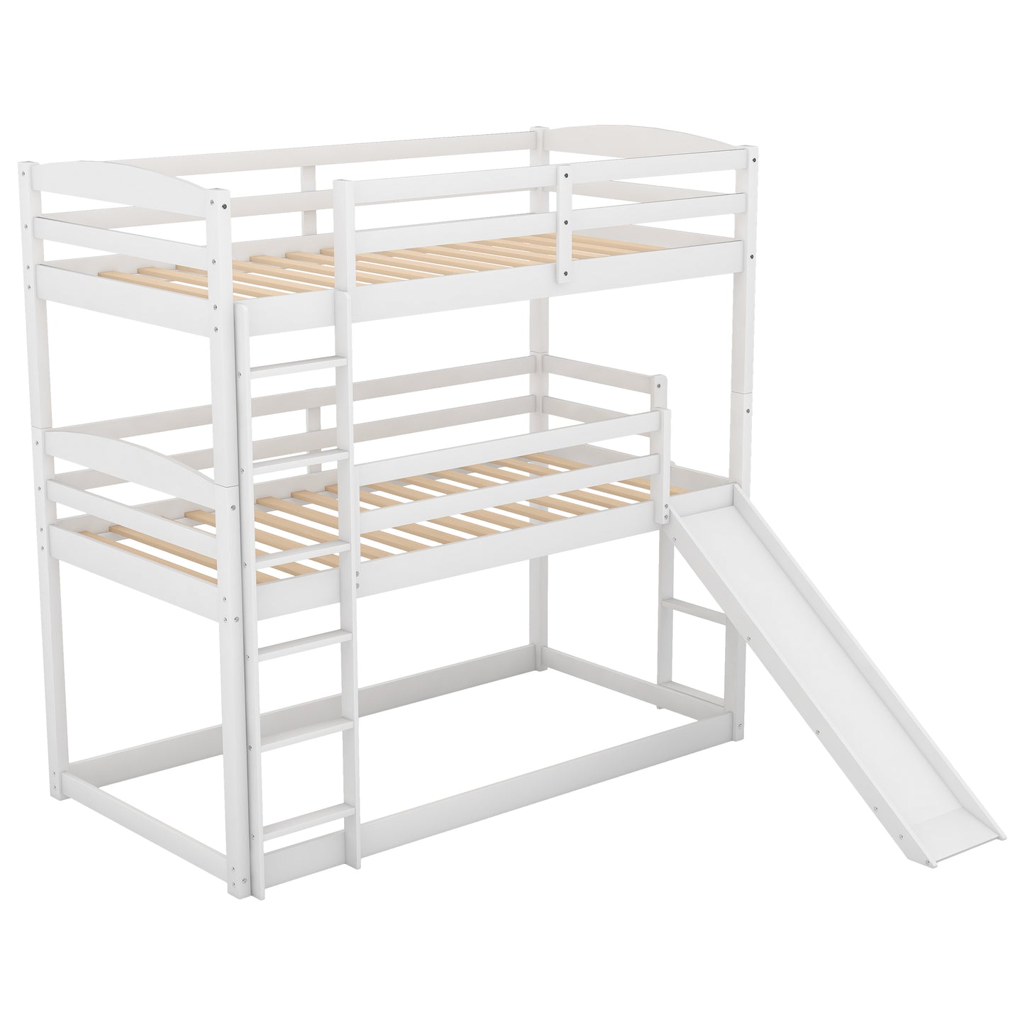 Triple Bunk Bed with Ladder, Slide, and Twin-Twin-Twin Design for White Bedroom Fun