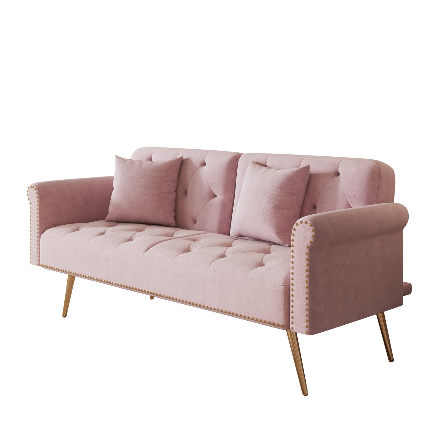 69.7 Elegant Pink Velvet Sofa Bed with Nail Head Accents and Throw Pillow