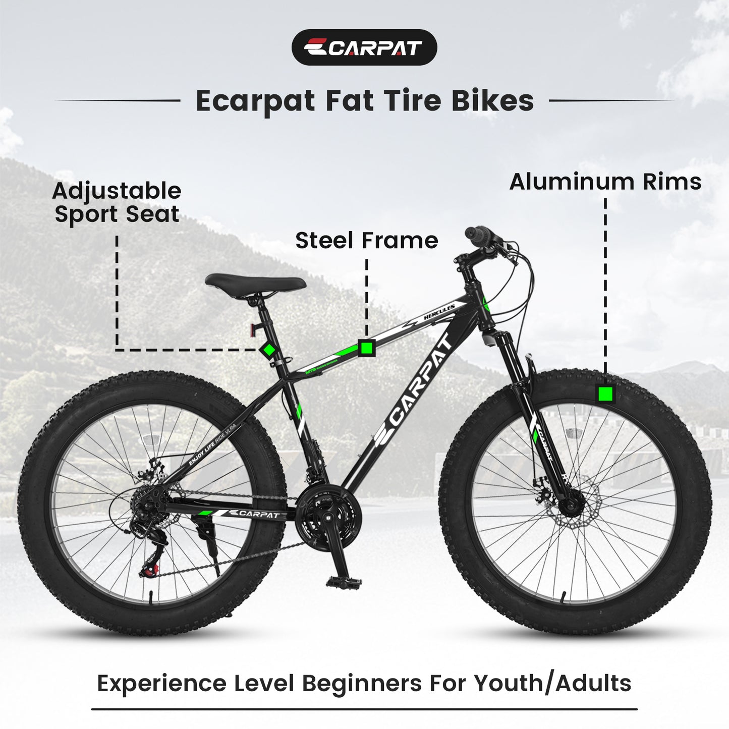 S26109  Elecony 26 Inch Fat Tire Bike Adult/Youth Full Shimano 21 Speed Mountain Bike, Dual Disc Brake, High-Carbon Steel Frame, Front Suspension, Mountain Trail Bike, Urban Commuter City Bicycle