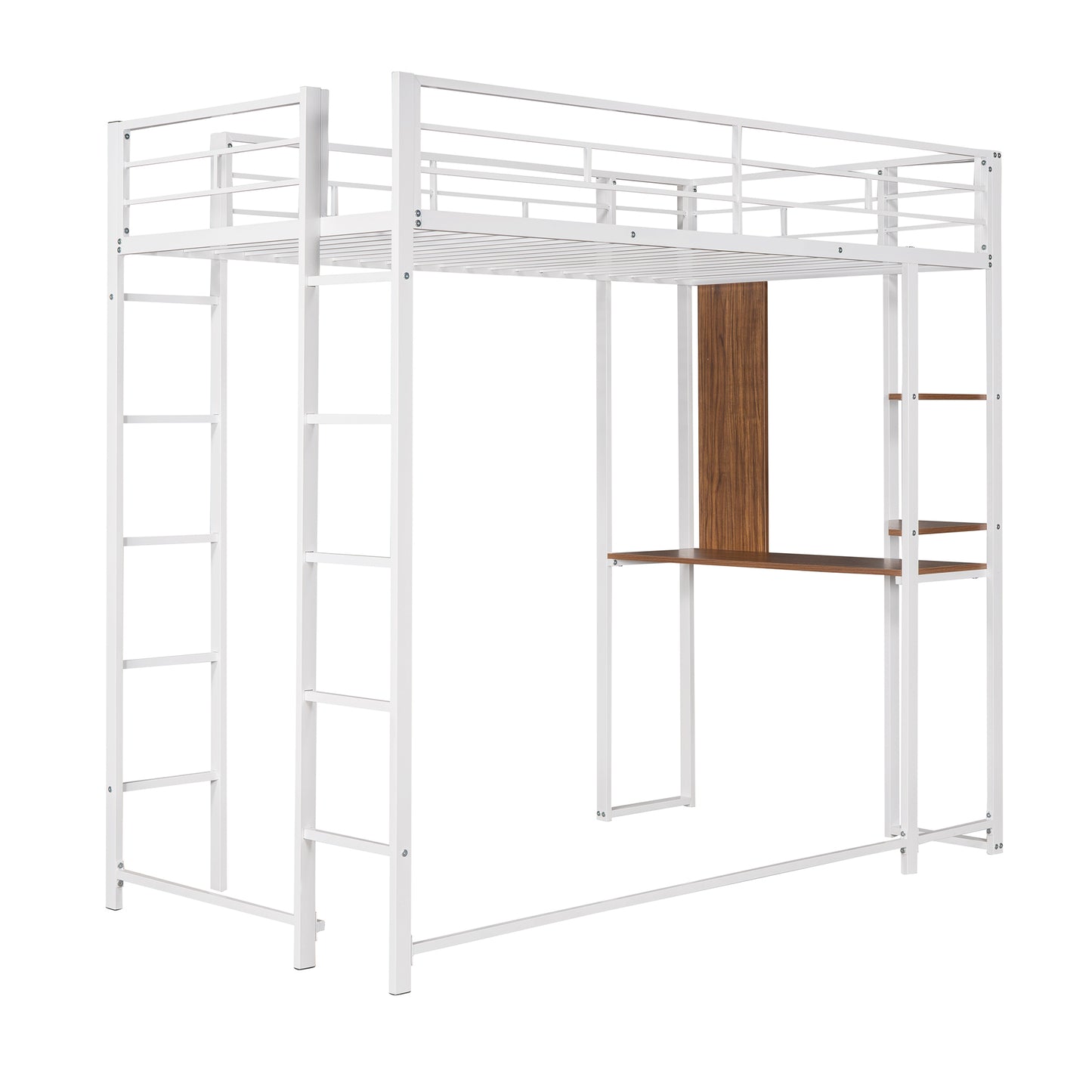 Twin Metal Loft Bed with 2 Shelves and one Desk ,WHITE(: MF281206AAK)