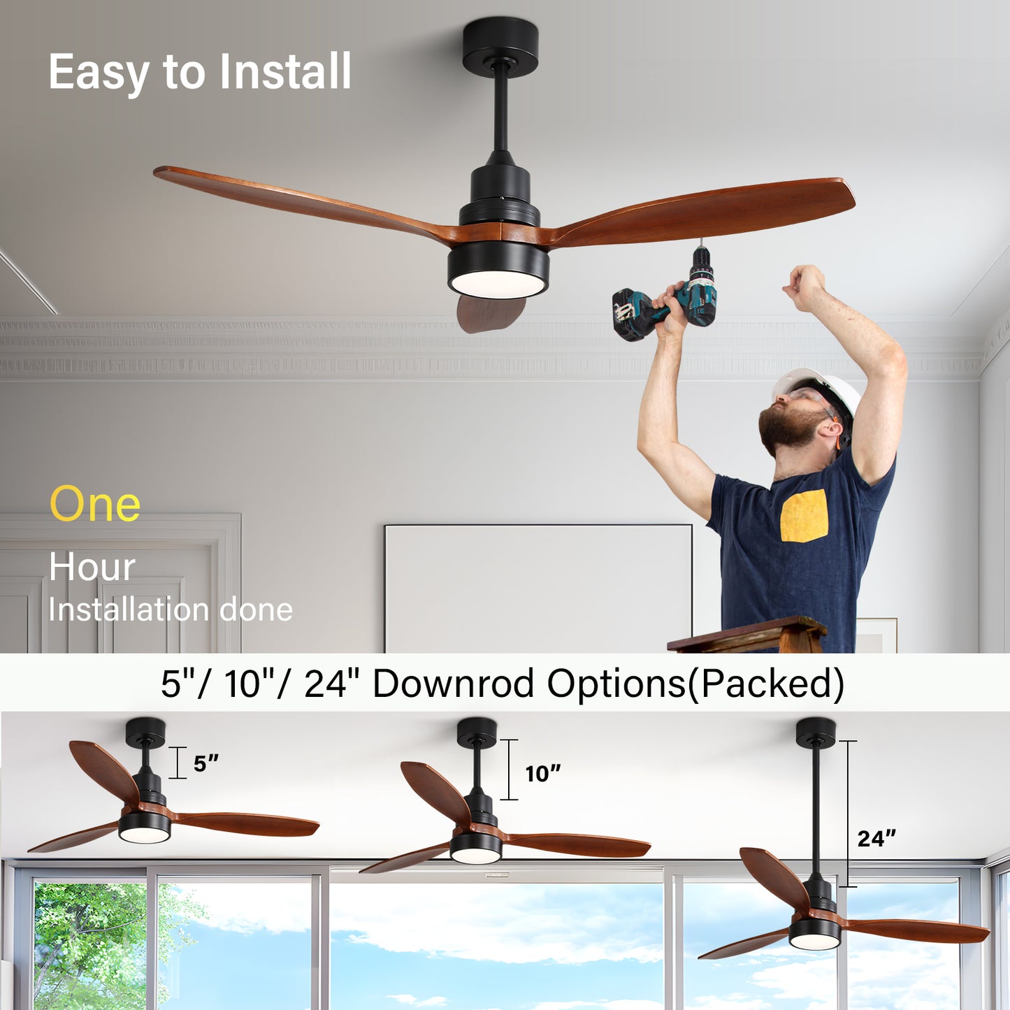 52 Modern Wooden Ceiling Fan with Remote Control and Reversible Airflow