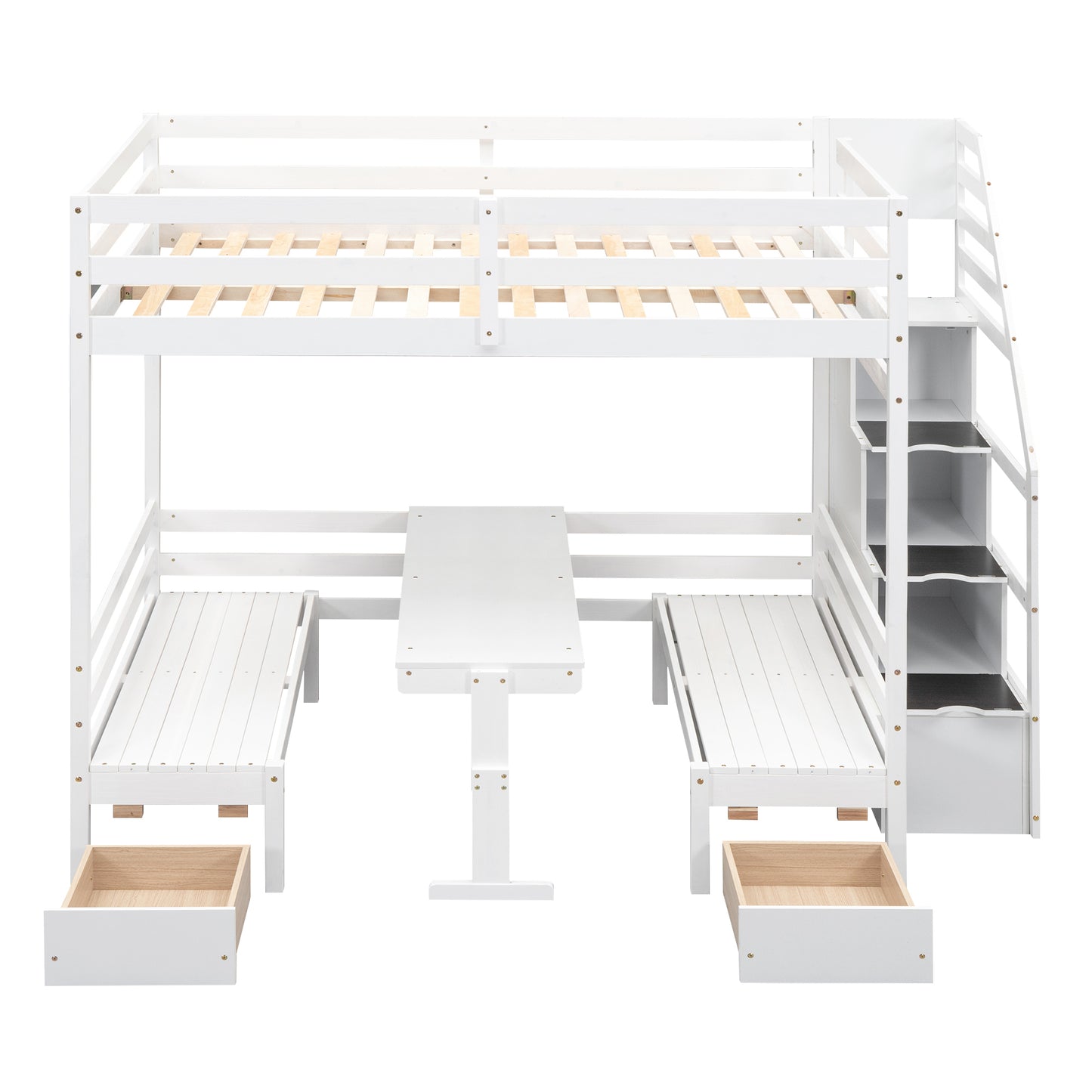 Full over Full Size Bunk with staircase,the Down Bed can be Convertible to Seats and Table Set,White