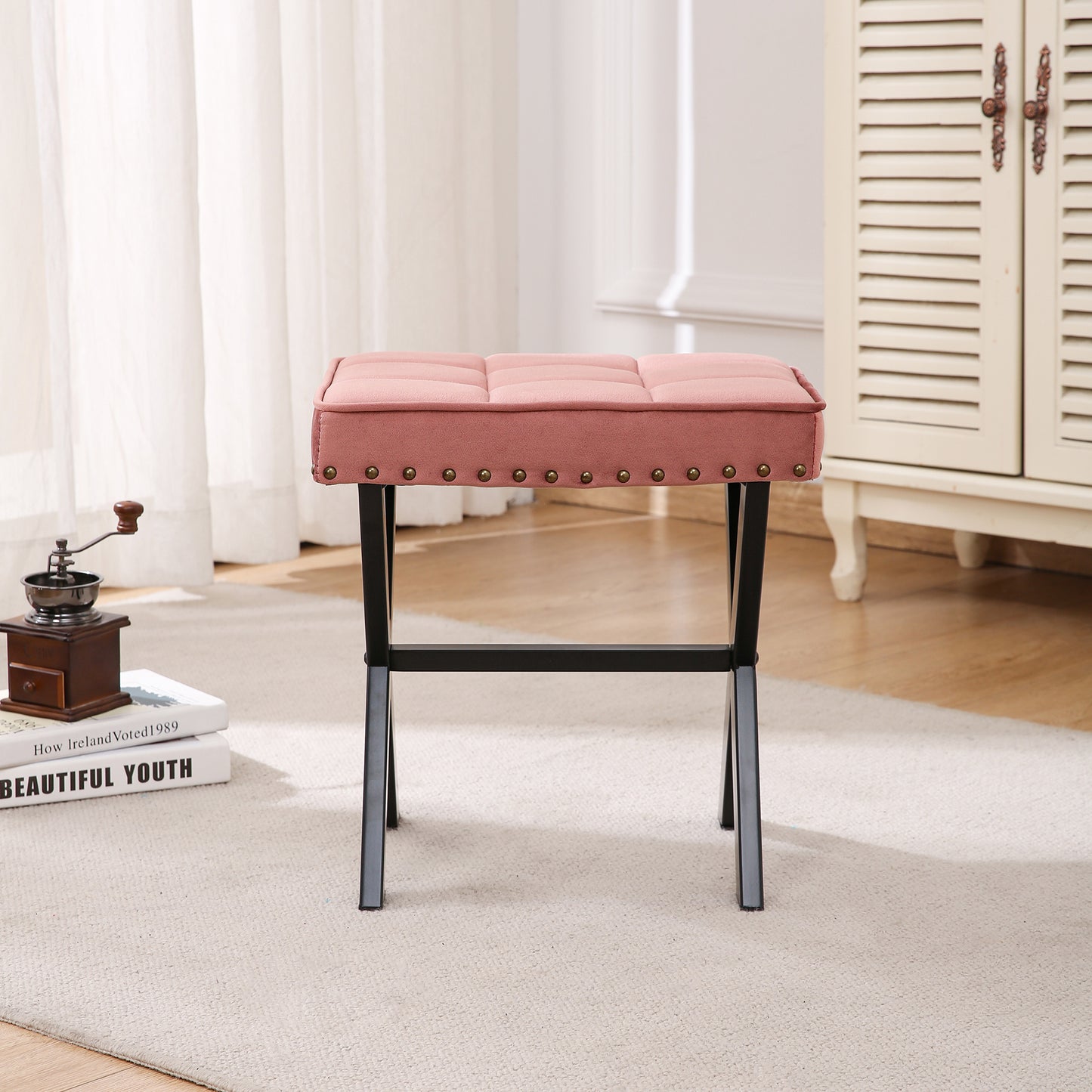 Fabric Upholstered Bench Ottoman Footstool Seat with X-Shaped Metal Legs (Pink)