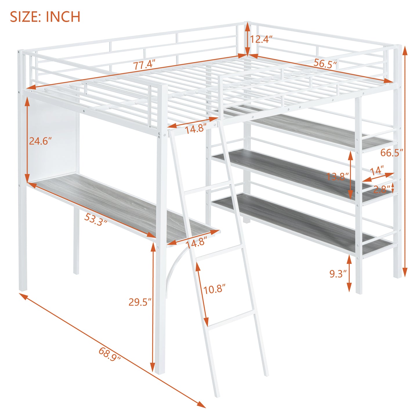 Full Size Loft Metal Bed with 3 Layers of Shelves and Desk, Stylish Metal Frame Bed with Whiteboard, White