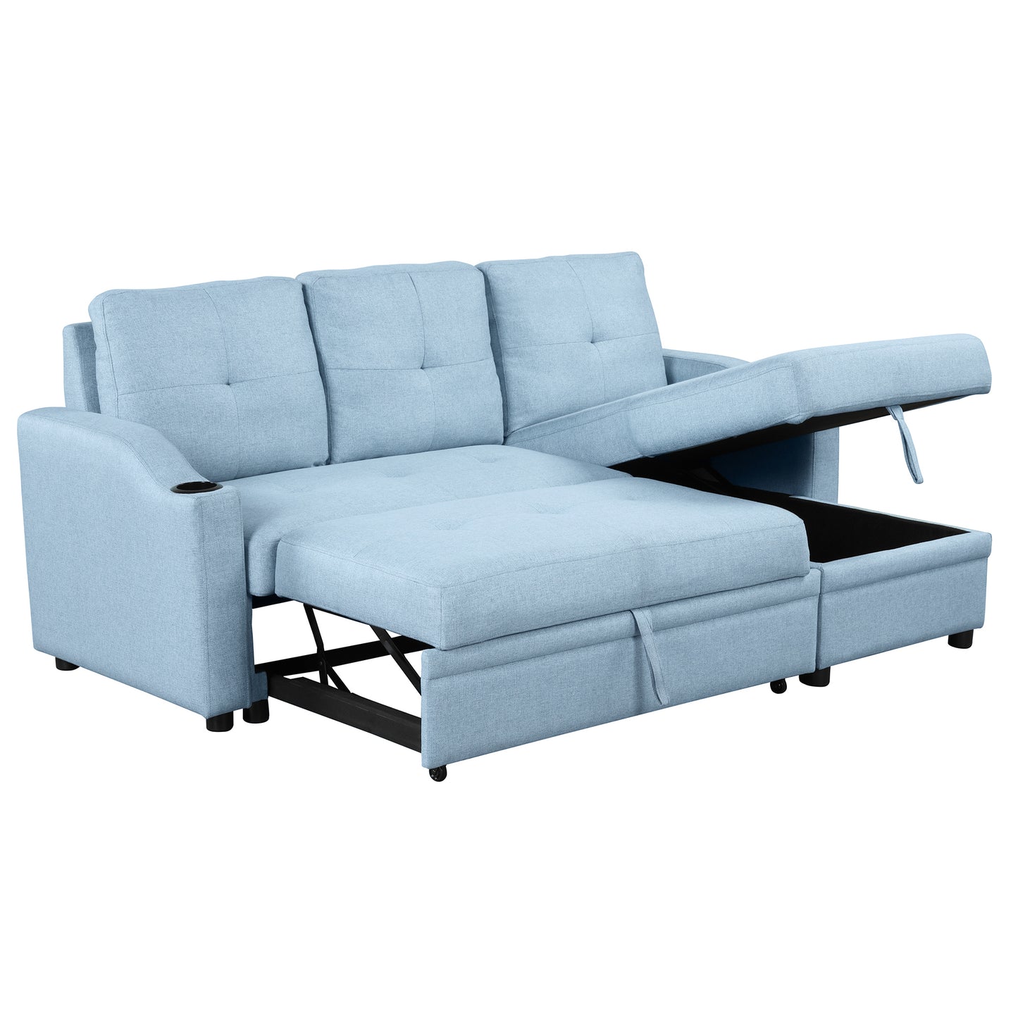 Orisfur Pull Out Sofa Bed with Storage Chaise and Cup Holder