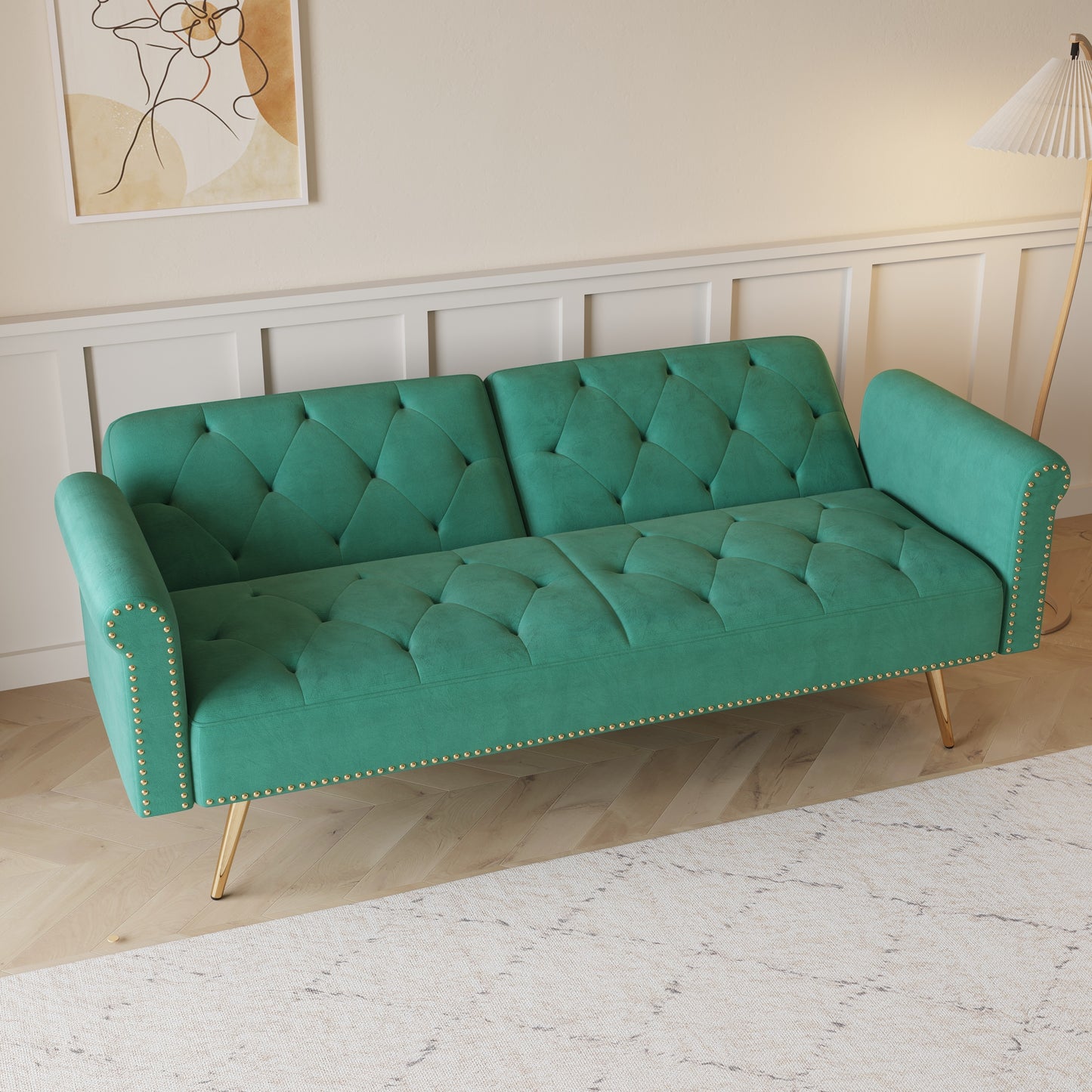 69.7 Green Velvet Sofa Bed with Nail Head Trim and Throw Pillow